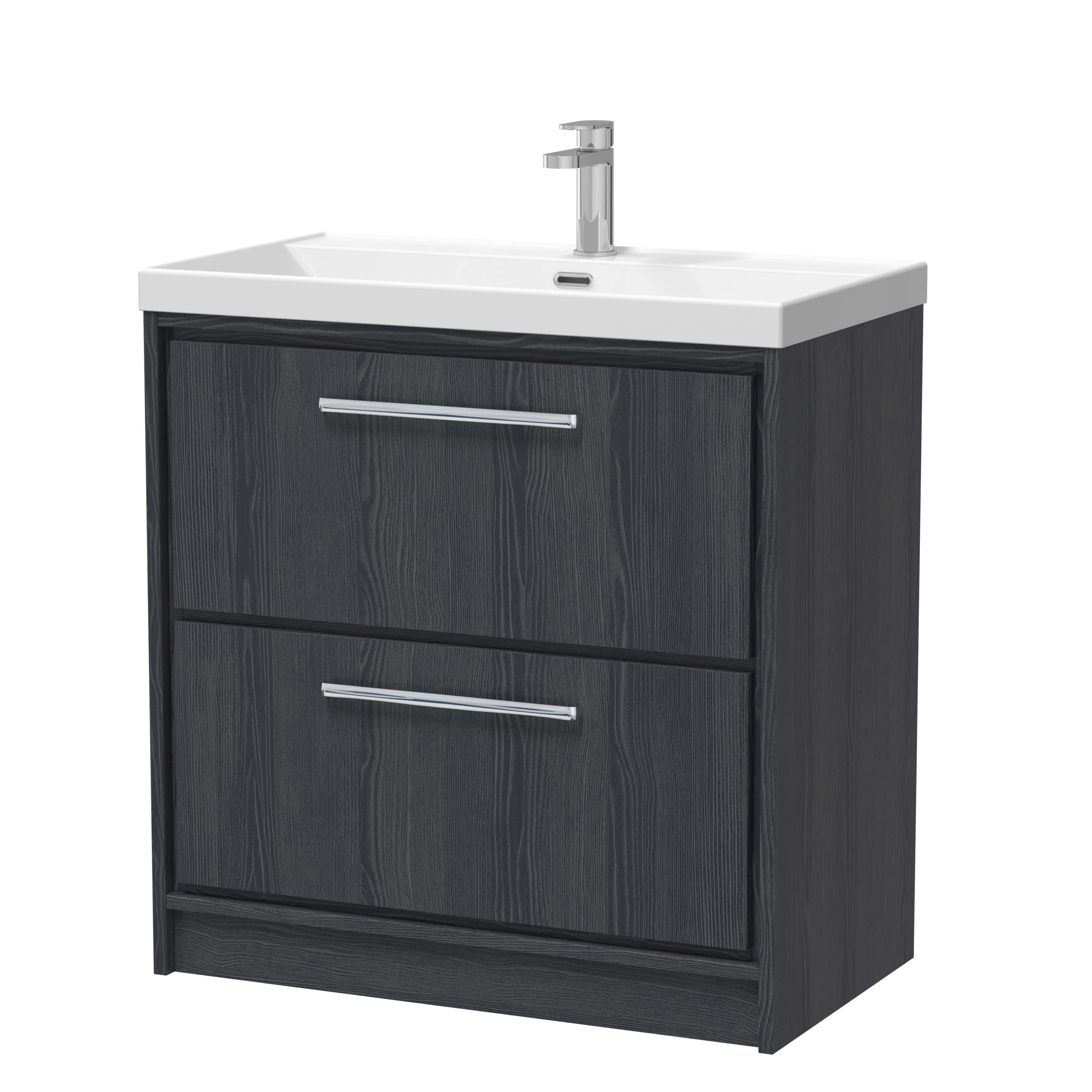 Contemporary bathroom vanity with white ceramic sink and dark wood finish for modern bathroom decor. Features sleek chrome handles for a stylish and functional storage solution. Perfect for bathroom renovation.