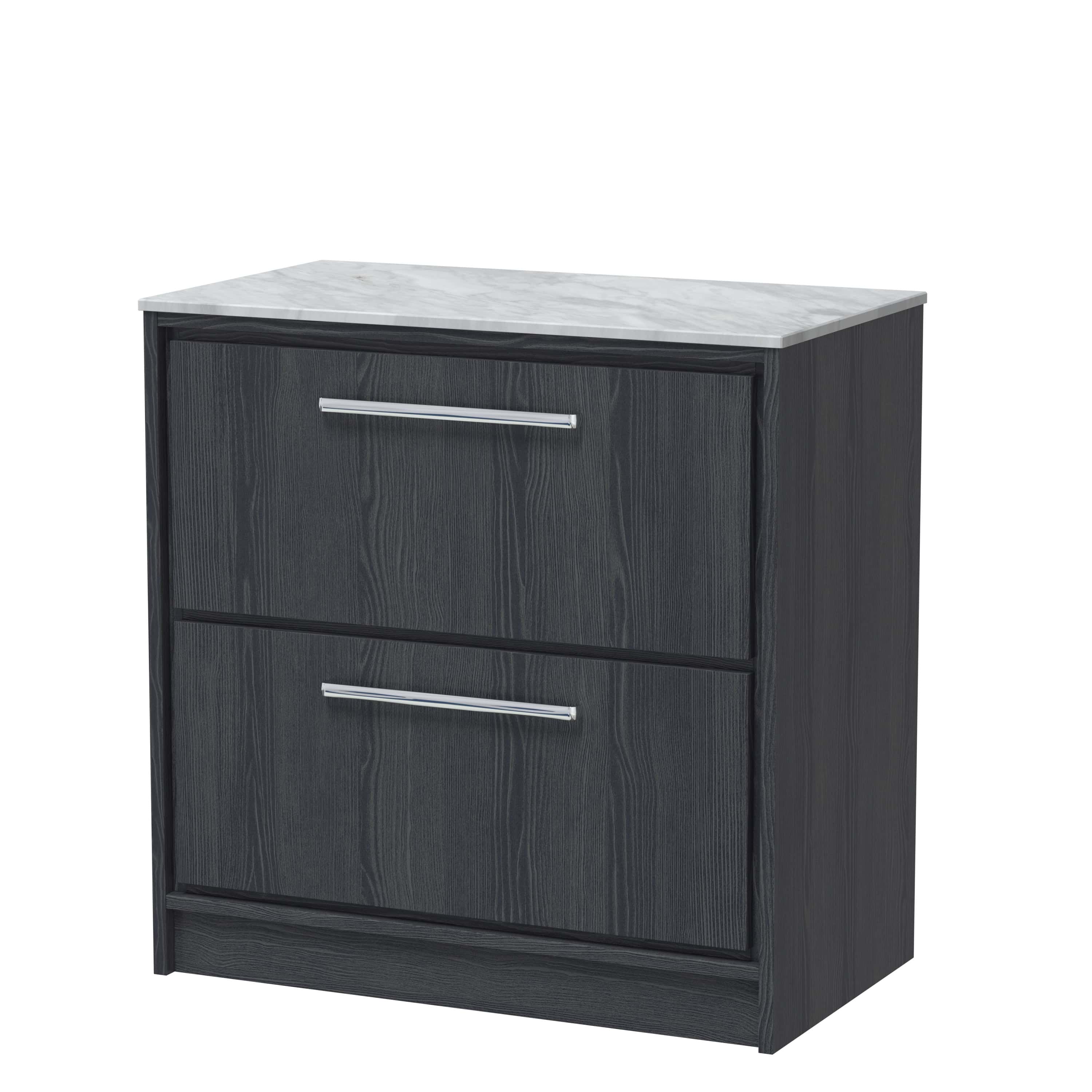 Modern black bathroom cabinet with marble top and sleek chrome handles, ideal for bathroom storage and style. Designed for contemporary bathrooms, combining functionality with elegant decor.