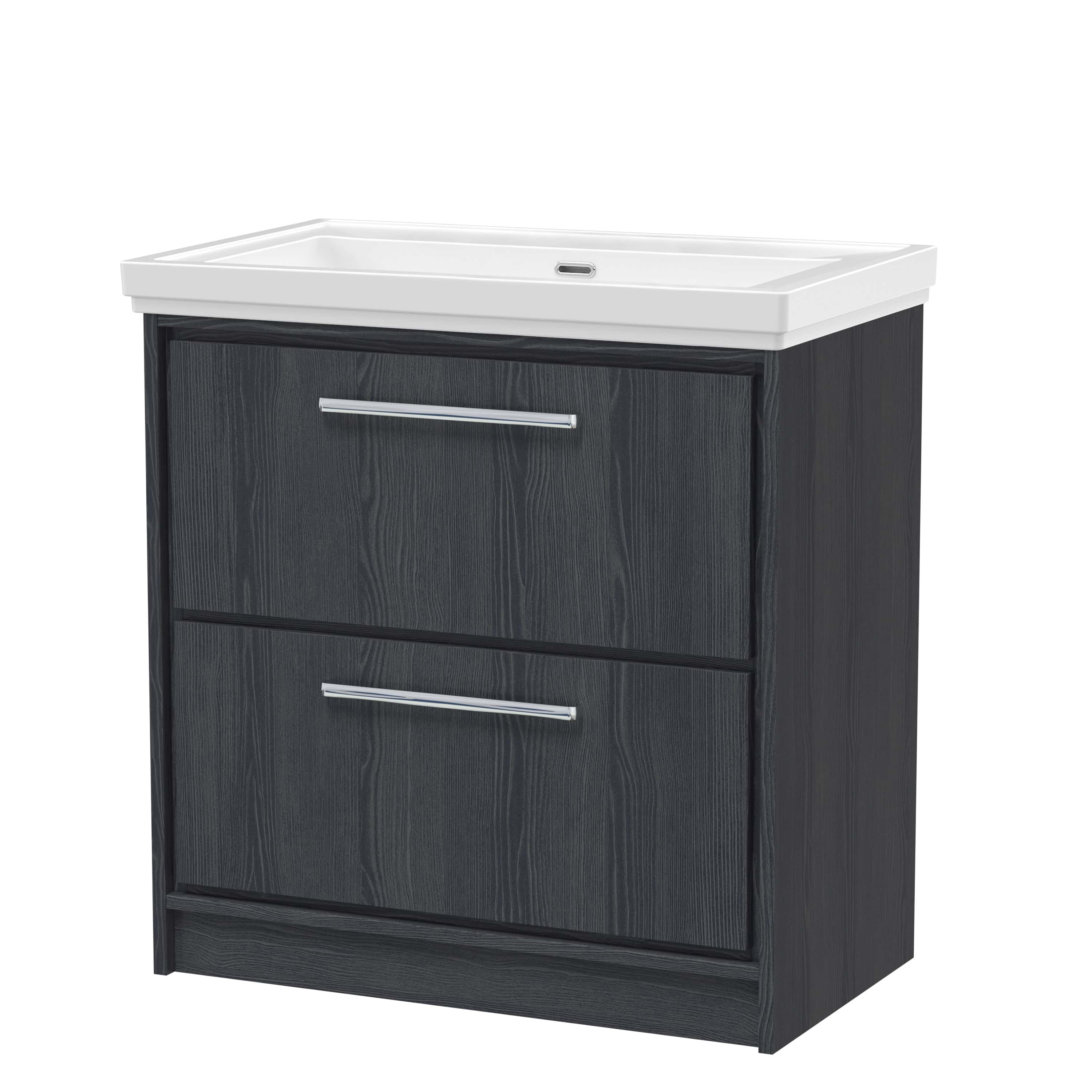 Modern black bathroom vanity unit with white ceramic sink, chrome handles, and storage drawers, ideal for elegant and functional bathroom designs.