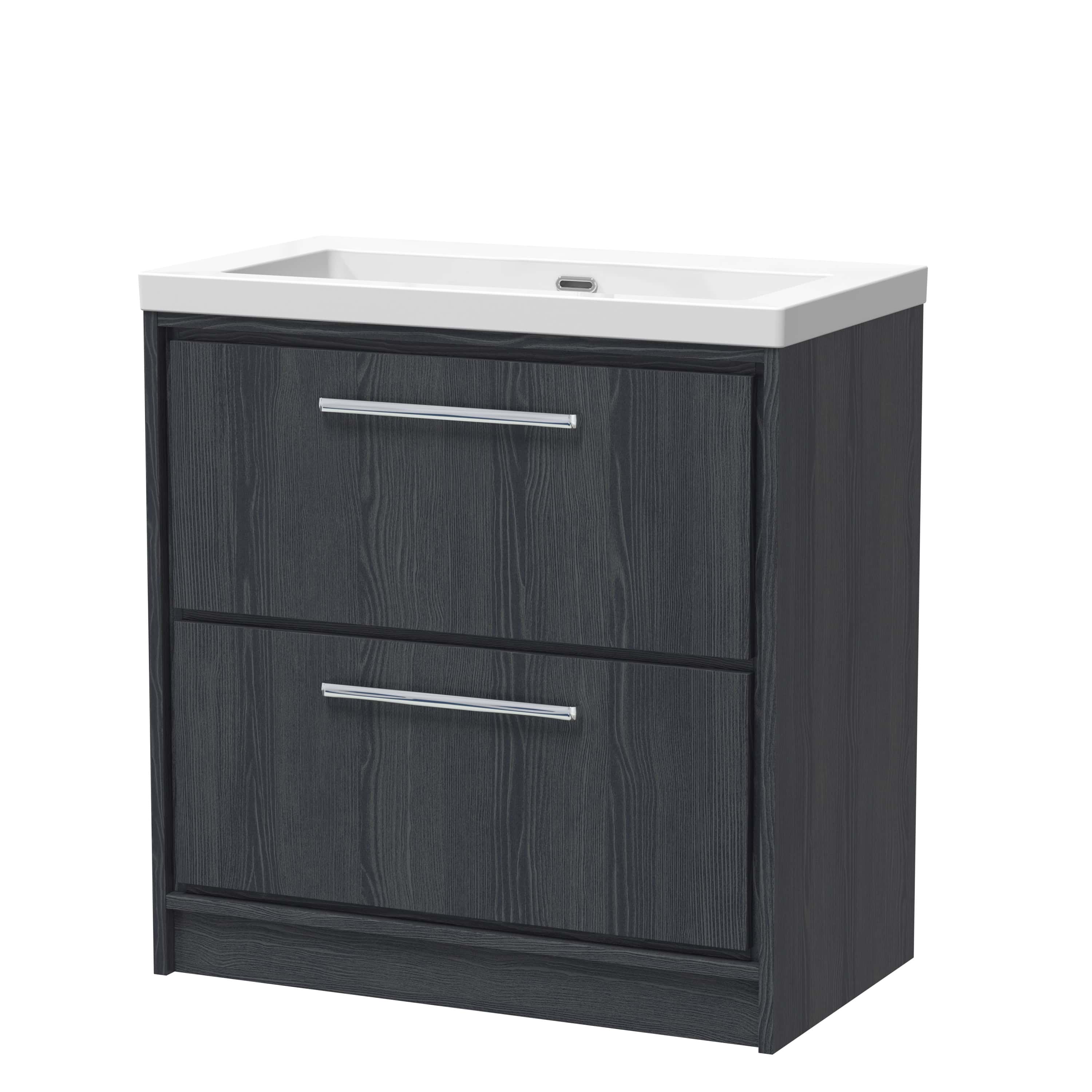 Modern black bathroom vanity with a built-in white ceramic sink, featuring sleek chrome handles and ample storage space, perfect for contemporary bathroom decor.