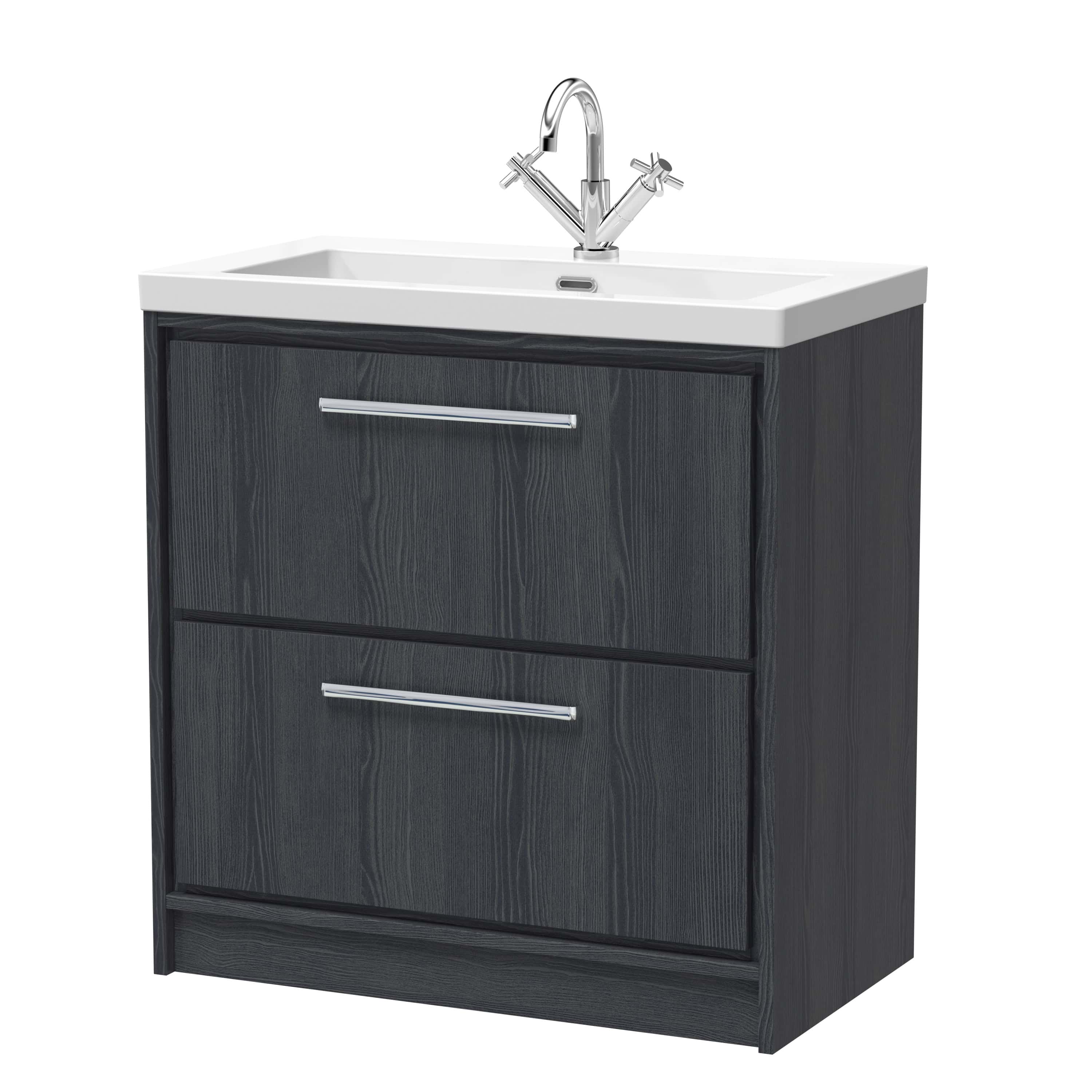 Sleek black bathroom vanity unit with a white ceramic sink and chrome taps, ideal for modern bathrooms. Features two spacious drawers for efficient storage and contemporary design.