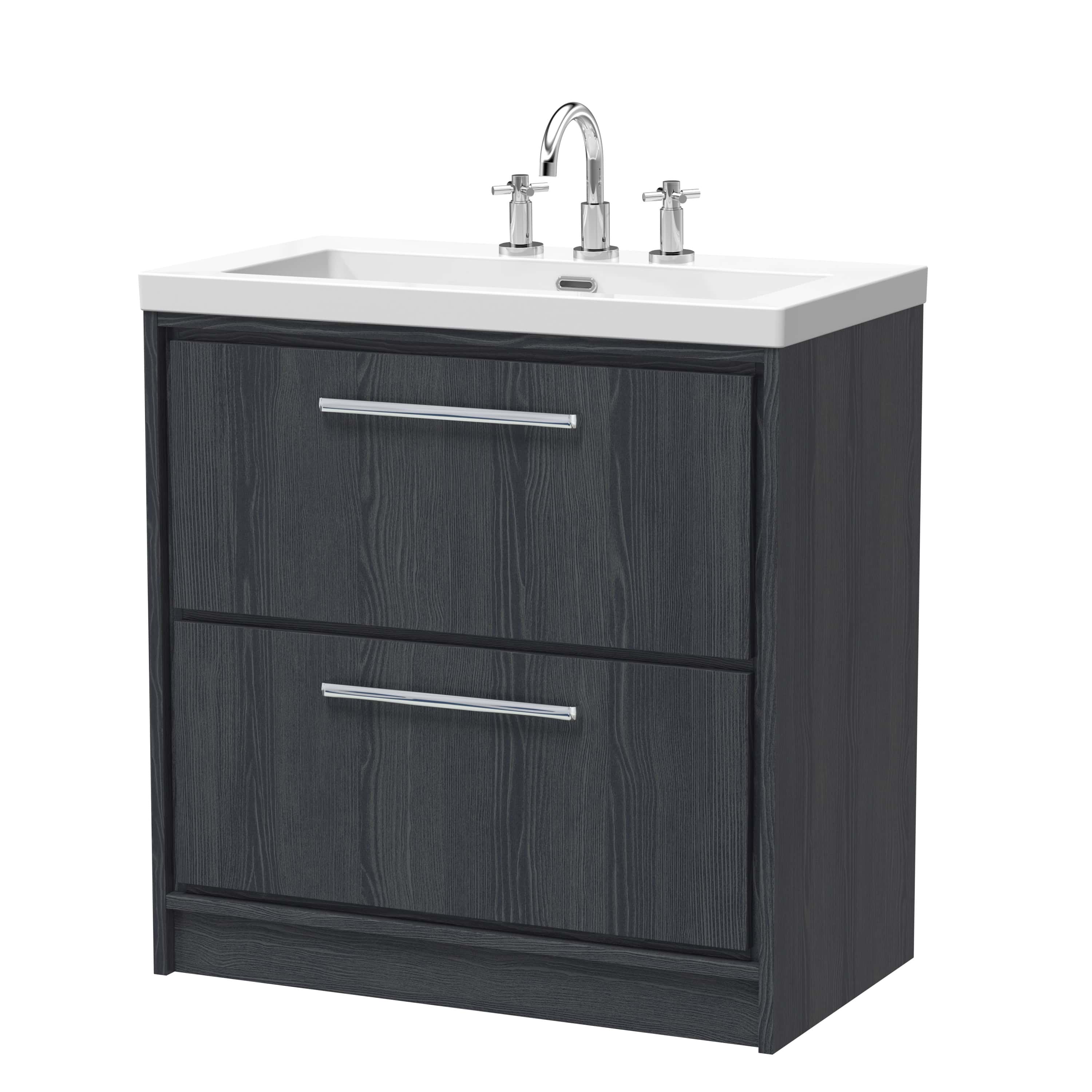 Wooden bathroom vanity unit with white ceramic sink and chrome taps, ideal for modern bathroom decor. Durable storage cabinet with sleek handles, perfect for organising bathroom essentials.