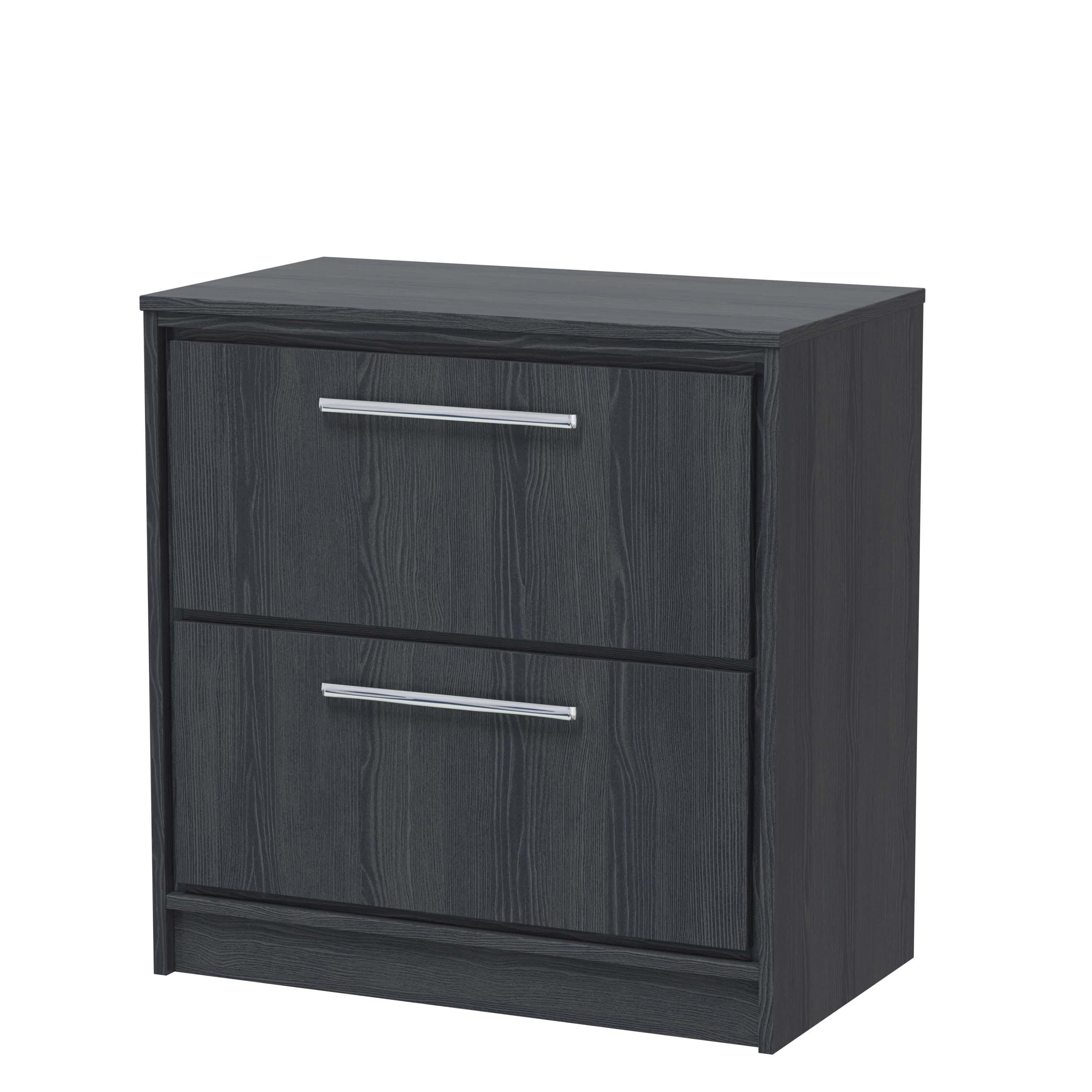 Modern black wooden bathroom storage cabinet with two drawers, sleek silver handles, ideal for organising toiletries and essentials in contemporary bathrooms.