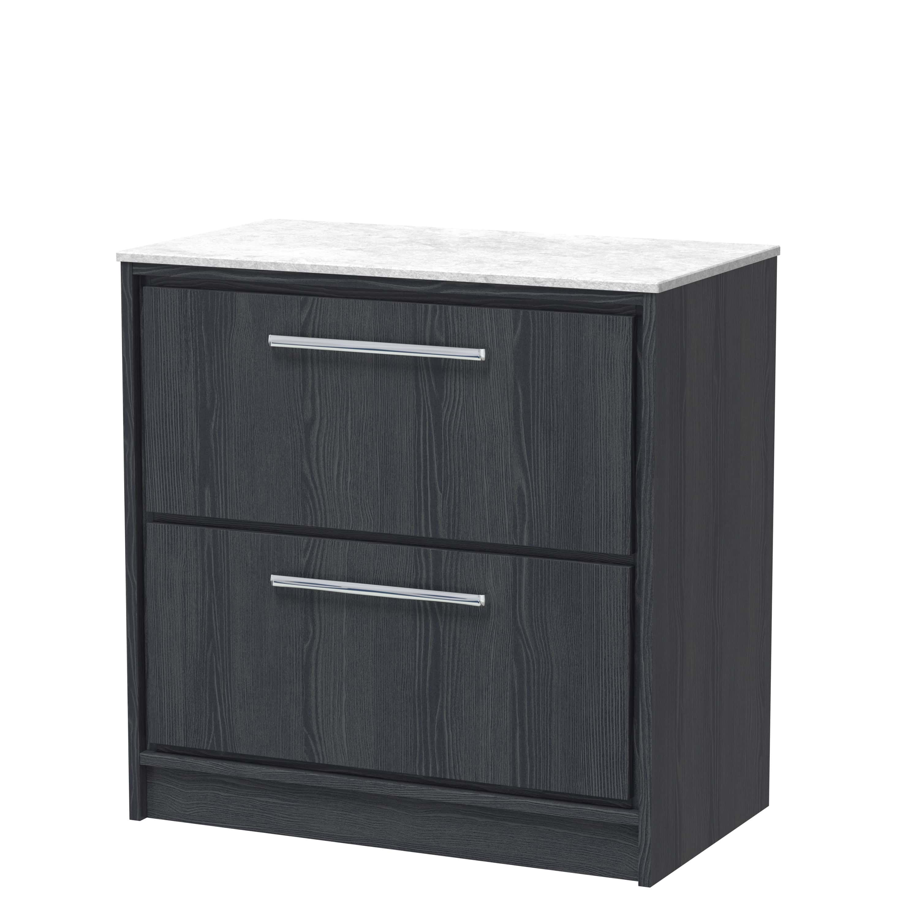 Modern black bathroom vanity unit with two drawers, featuring sleek silver handles and a light grey marble top, designed for stylish bathroom storage solutions.