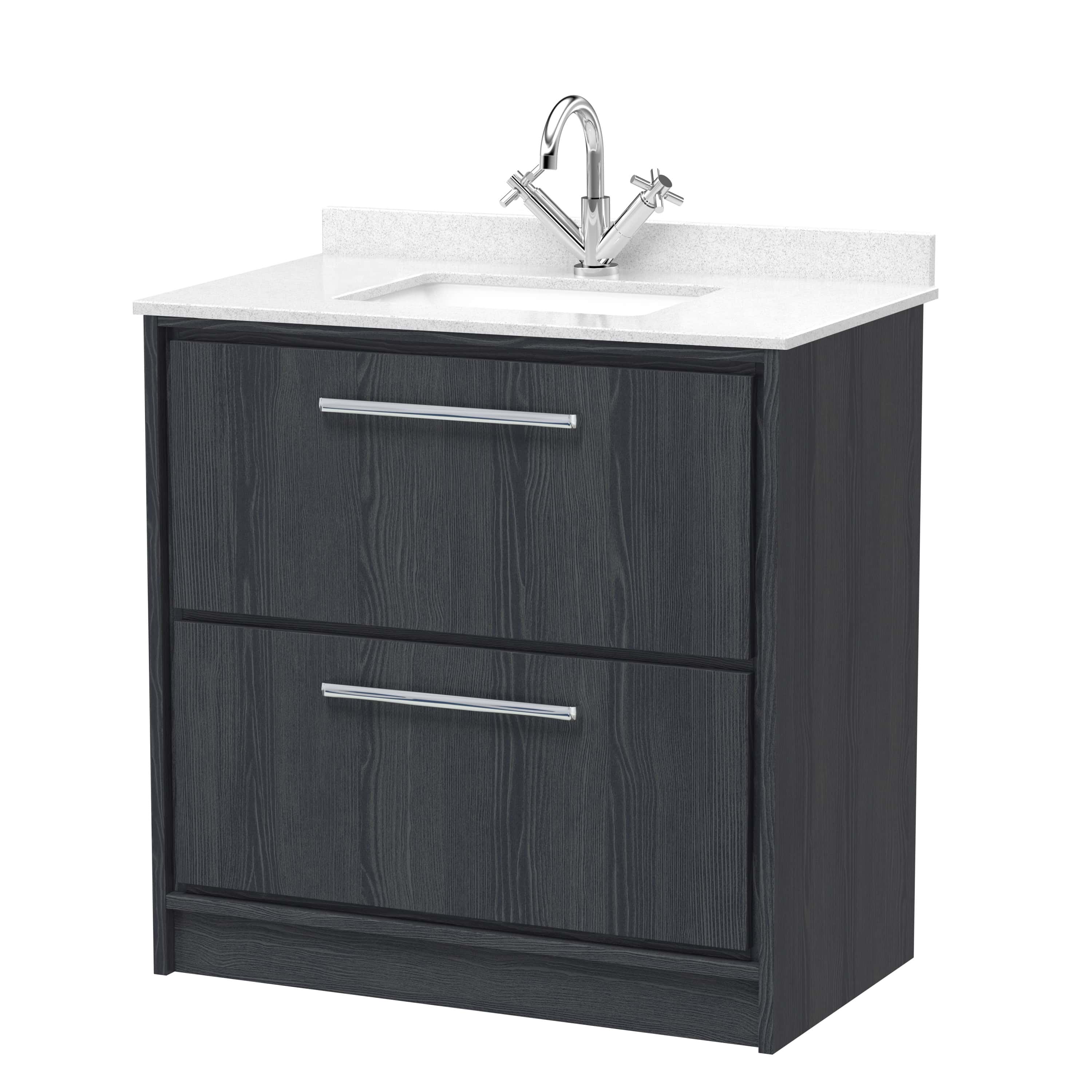 Modern black bathroom vanity with white countertop and chrome sink faucet, ideal for contemporary bathroom designs. Durable storage cabinet with two drawers for organisation.