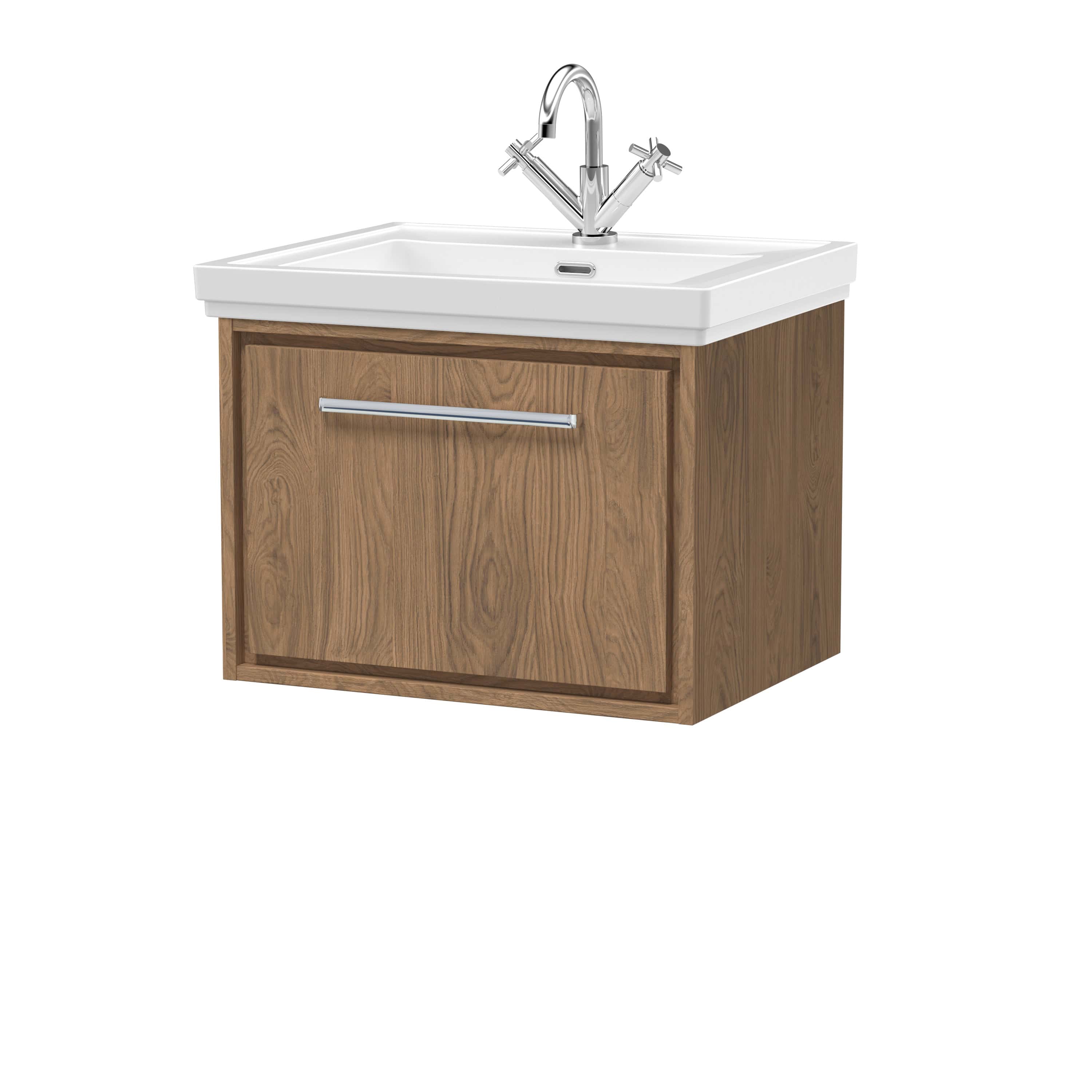Modern bathroom vanity unit with a white ceramic sink, chrome tap, and wooden cabinet for stylish bathroom storage and fixtures.
