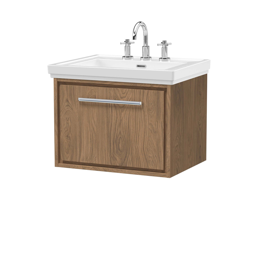 Modern bathroom vanity unit with white ceramic sink and chrome tap, featuring a wooden base cabinet with a sleek handle, ideal for contemporary bathroom decor.
