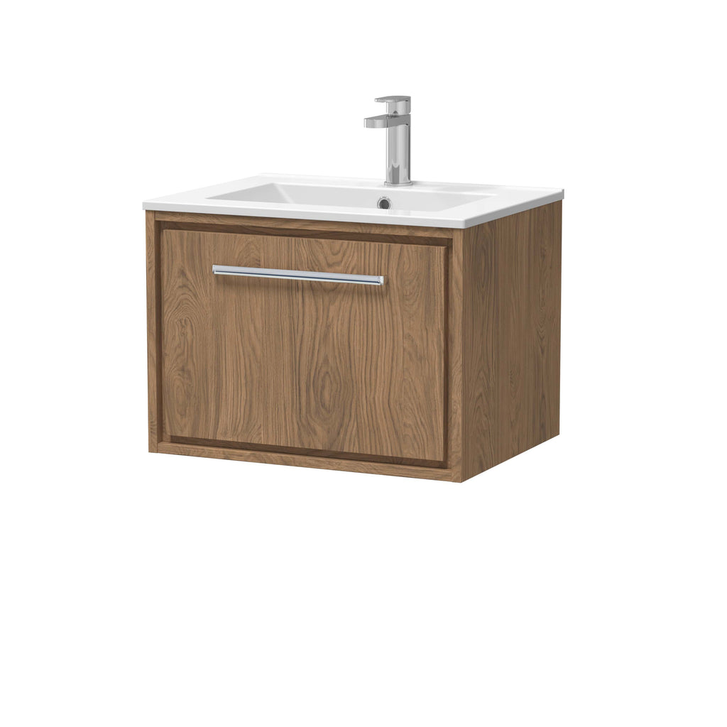 Stylish wooden bathroom vanity unit with integrated sink and chrome tap, perfect for modern bathroom decor and storage solutions.