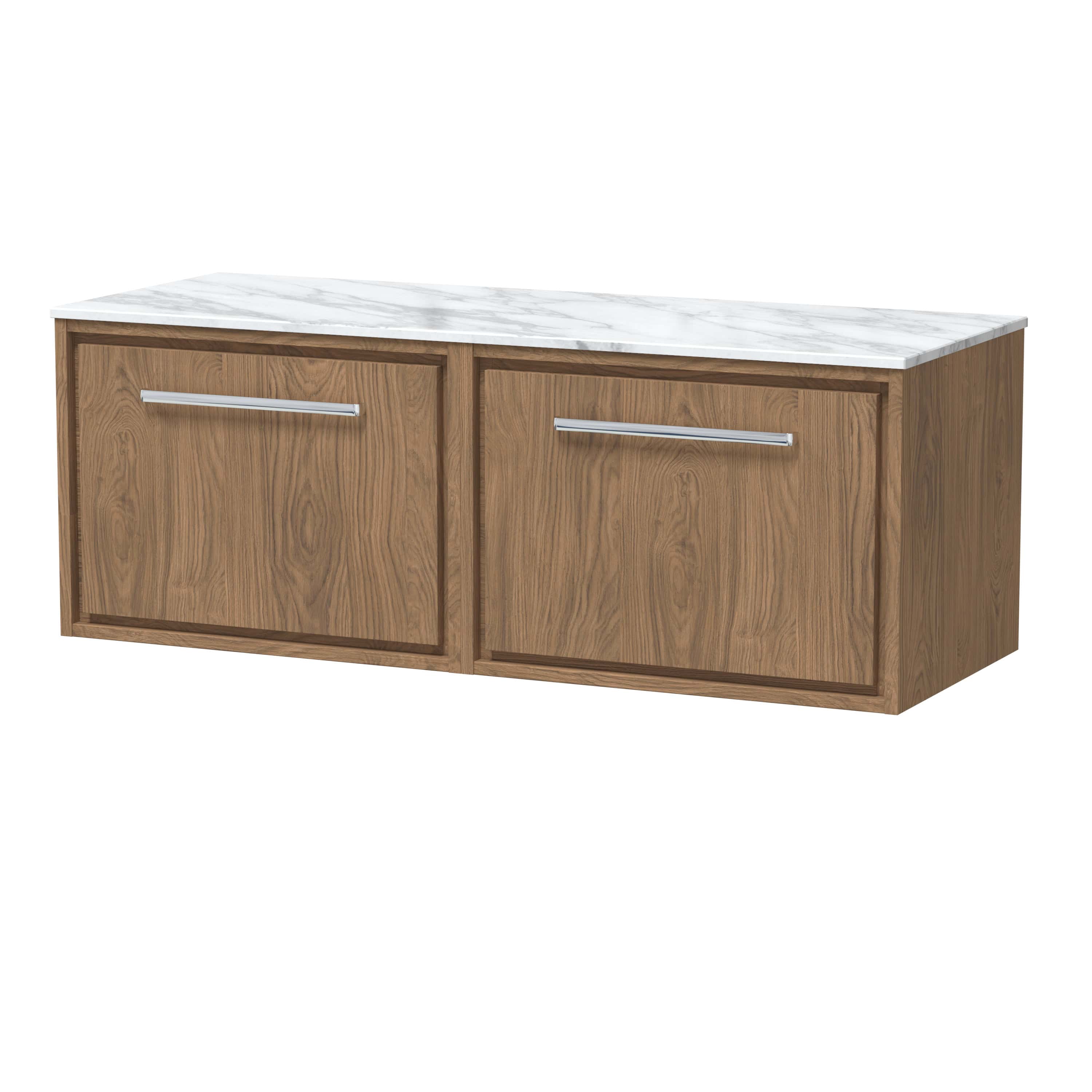 Sleek wooden bathroom vanity with a marble countertop, modern silver handles, ideal for contemporary bathroom decor. Perfect storage solution for stylish and functional bathroom design.