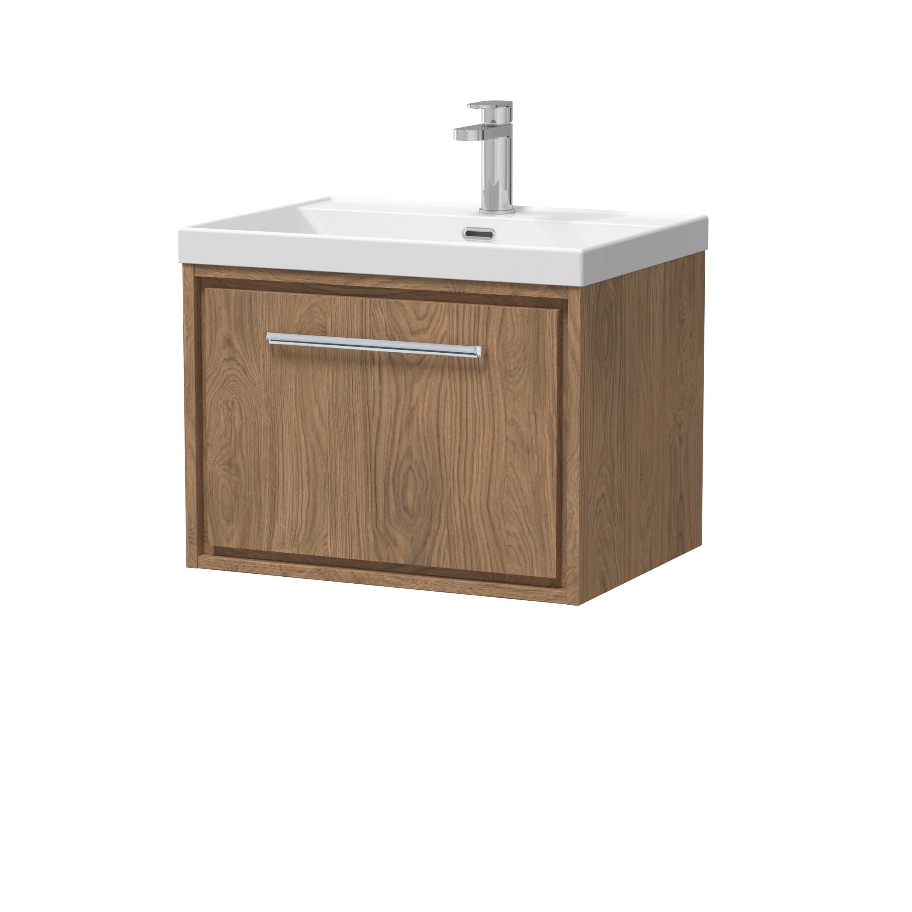 Modern bathroom vanity unit with a white ceramic sink, chrome tap, and wooden cabinet, ideal for stylish bathroom storage and contemporary design.