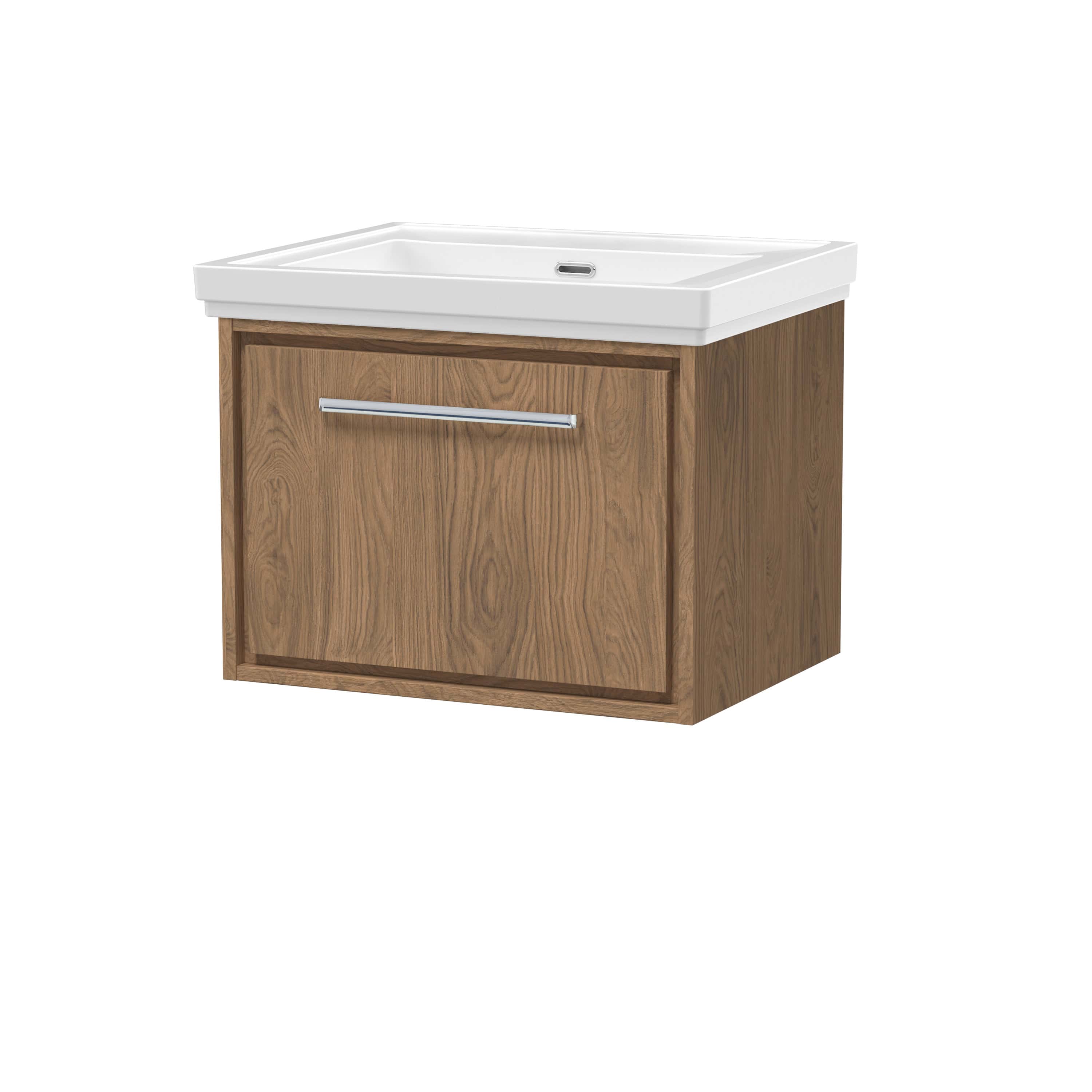 Light wood bathroom vanity with white ceramic sink and chrome handle, ideal for modern bathroom interiors.