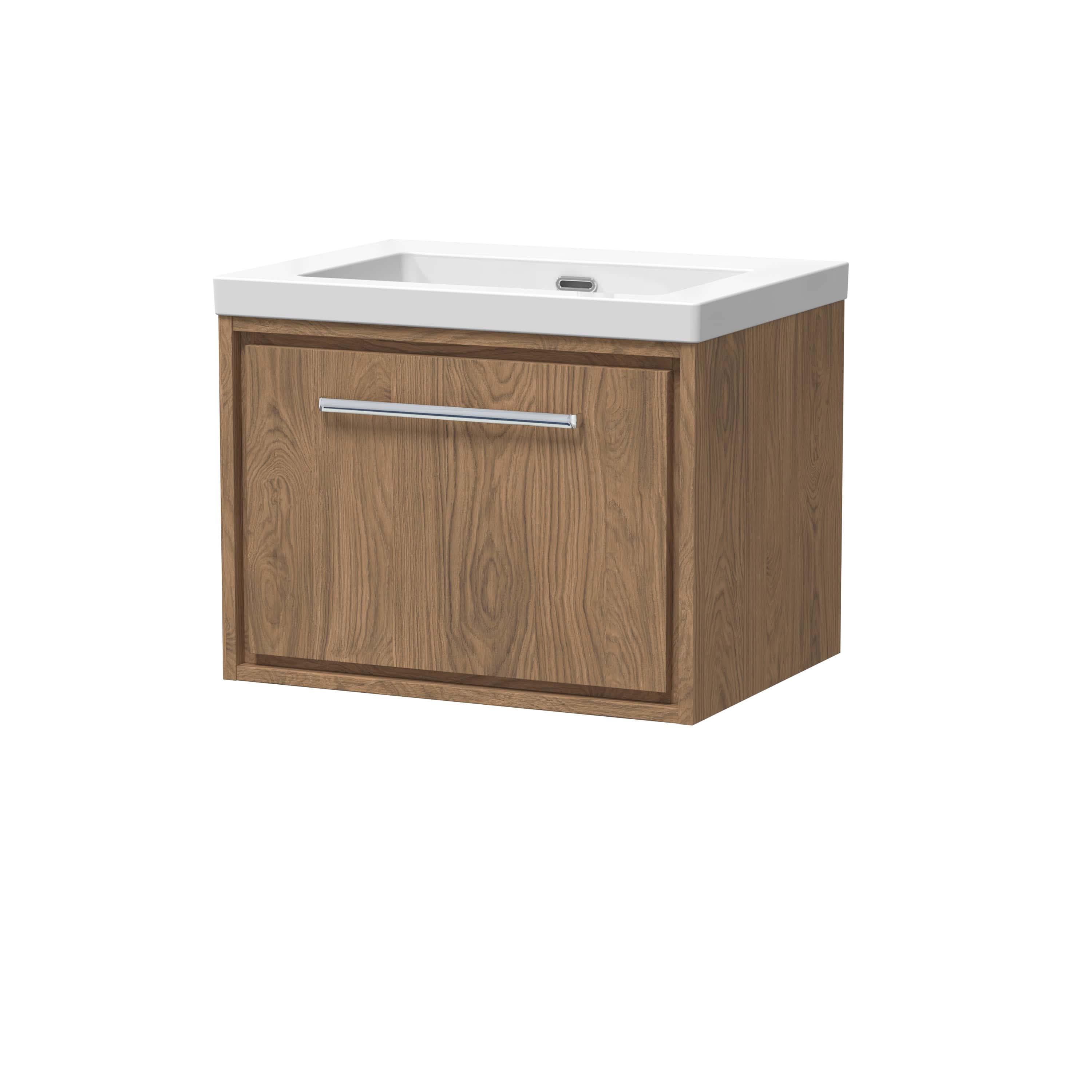 Modern wooden bathroom vanity with integrated sink and chrome handle, ideal for contemporary bathroom designs. Durable finish and functional storage for bathroom essentials.