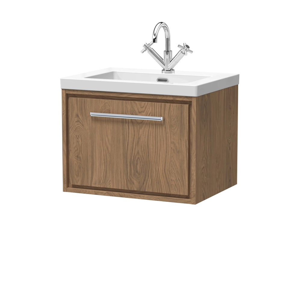 Contemporary bathroom vanity with wooden finish and integrated sink, featuring modern chrome tap and handle, perfect for stylish and functional bathroom designs.