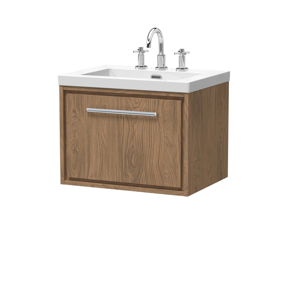 Sleek wooden bathroom vanity unit with a white ceramic sink and modern chrome tap fixtures, ideal for contemporary bathroom decor, combining functionality with stylish design.