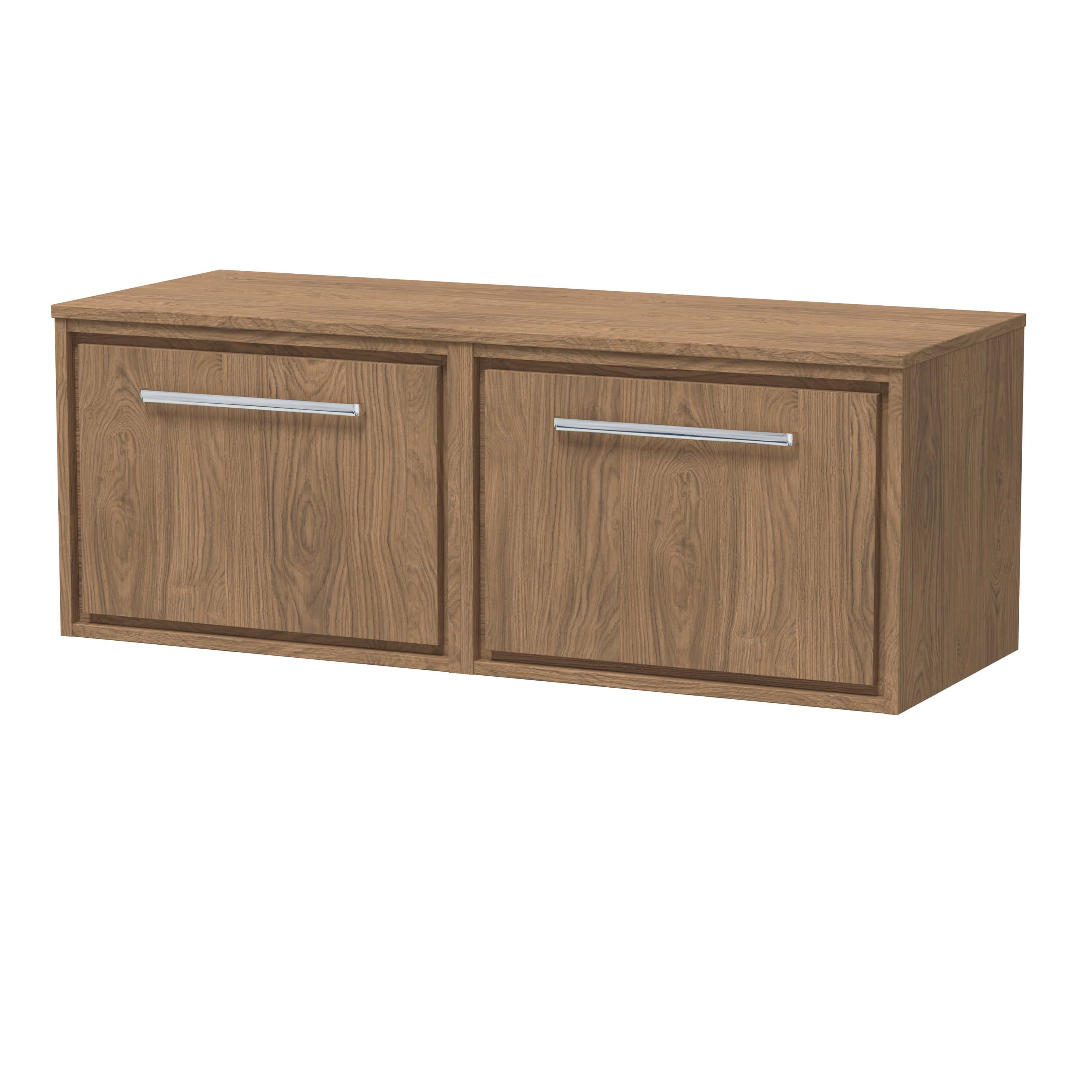 Solid oak bathroom vanity unit with modern chrome handles for stylish, functional bathroom storage. Ideal for enhancing contemporary bathroom interiors with quality craftsmanship.
