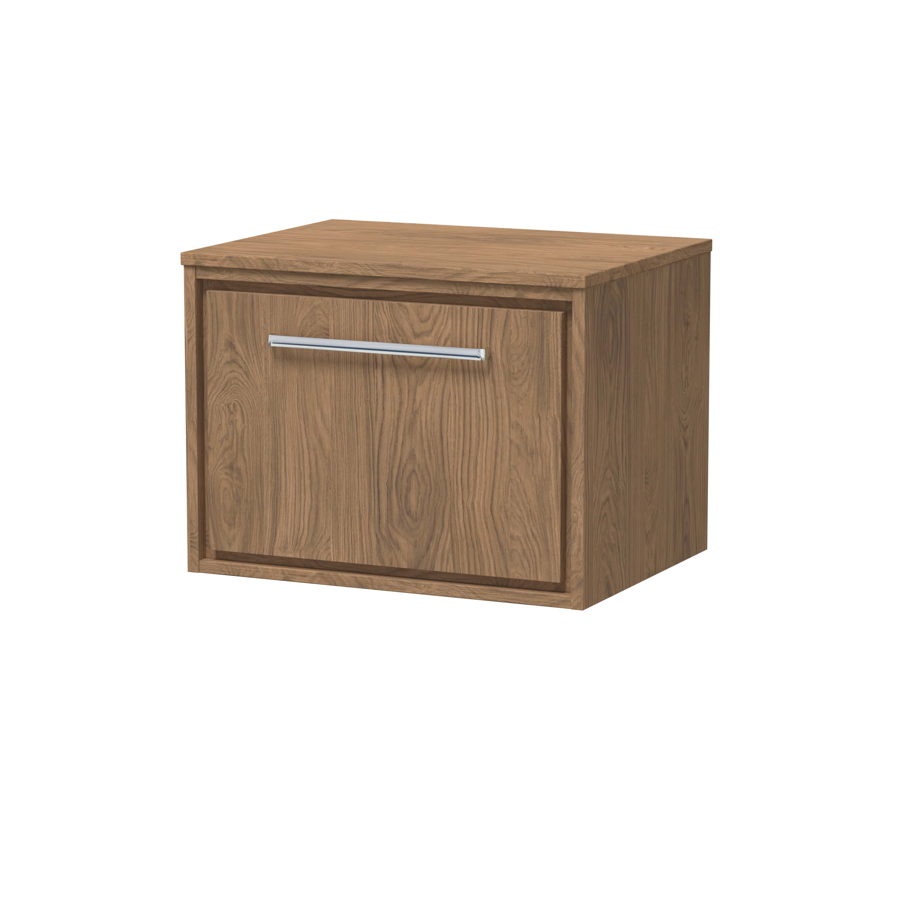 Elegant wooden bathroom cabinet with a sleek silver handle, perfect for modern bathroom storage solutions. Durable oak finish complements contemporary and traditional bathroom décors.