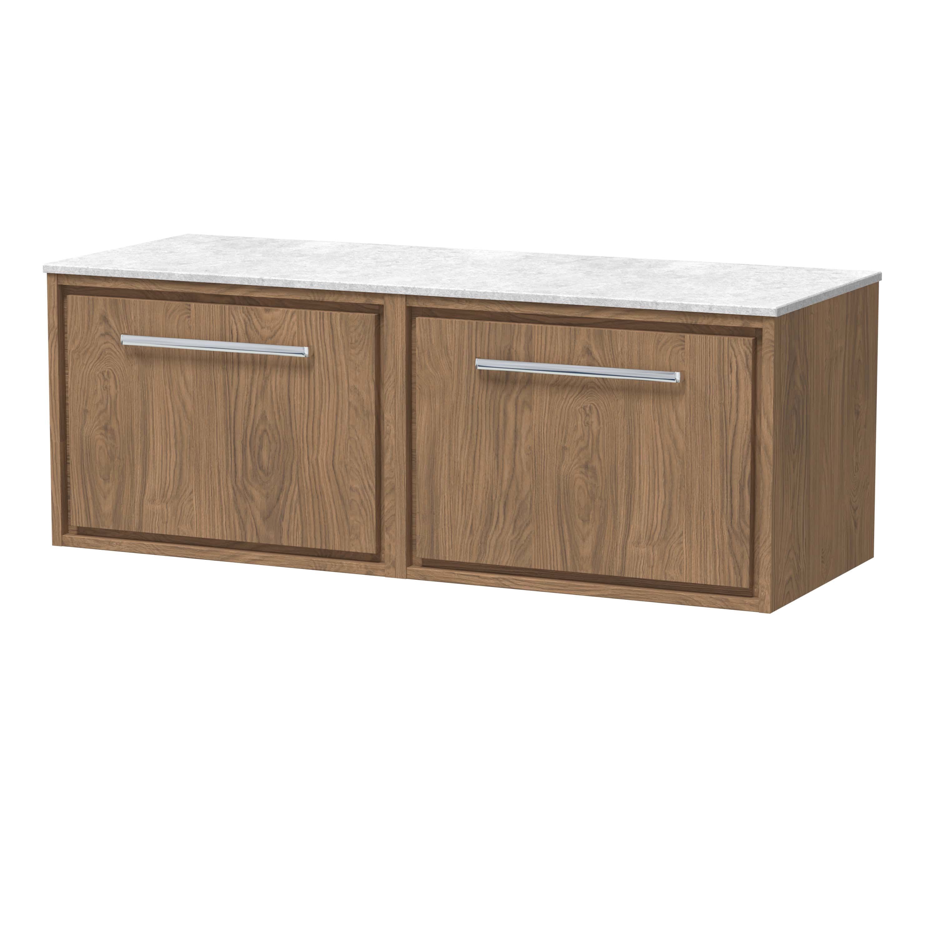 Sleek wooden bathroom cabinet with two drawers and a marble countertop, perfect for modern bathroom storage solutions.