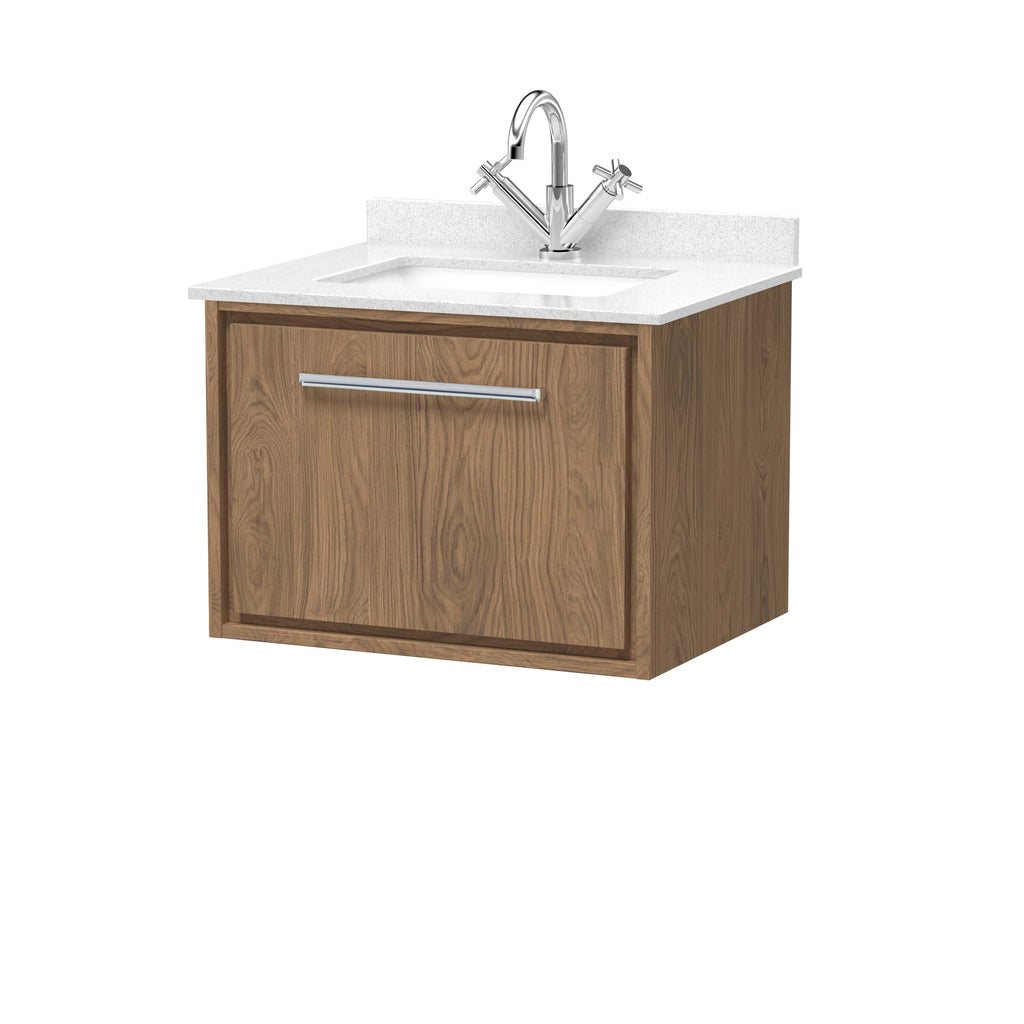 Modern bathroom vanity unit with wooden finish, white countertop, and chrome tap for stylish and functional bathroom storage.