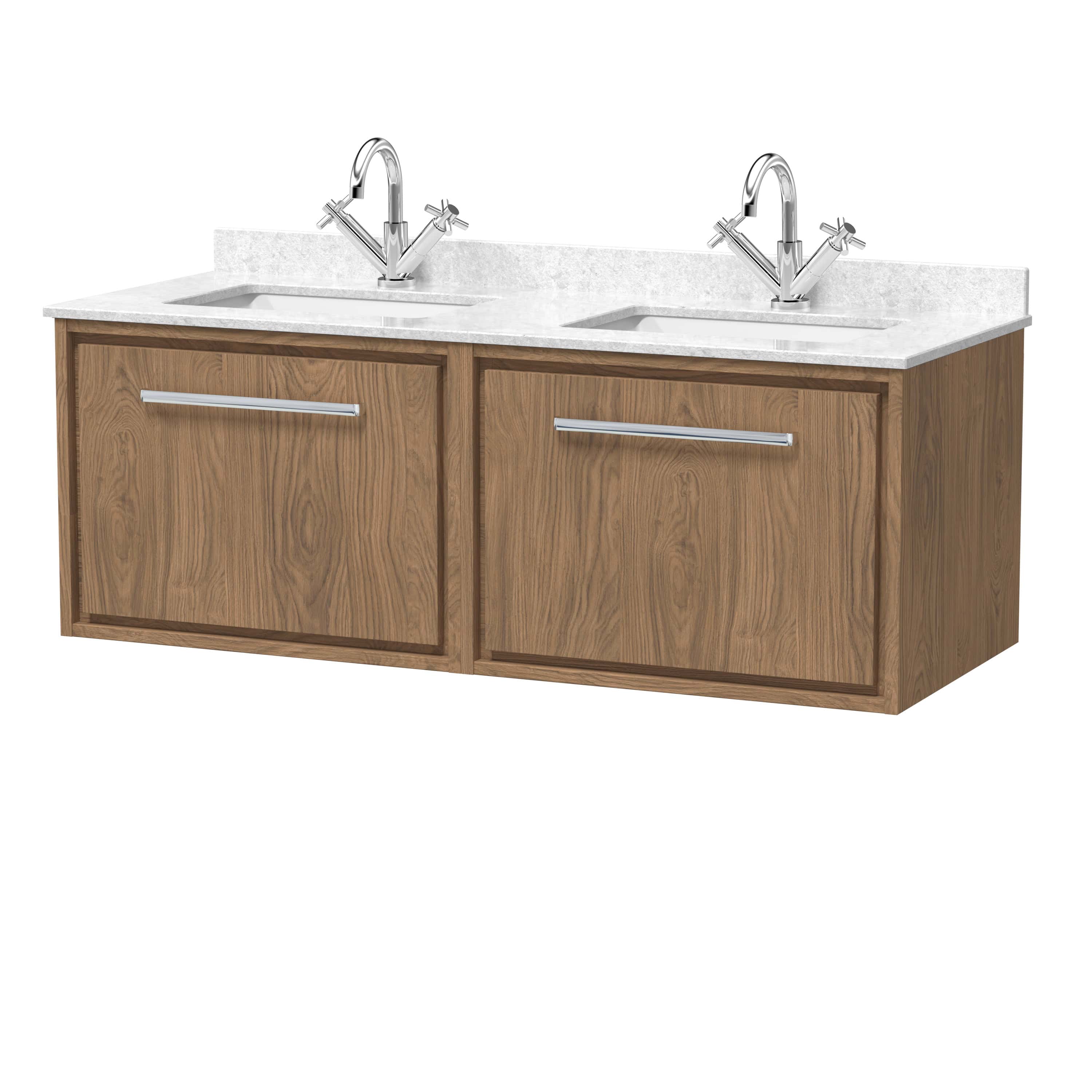 Double sink bathroom vanity with wooden cabinets, white marble countertop, and chrome taps – modern and stylish bathroom furniture for elegant design.