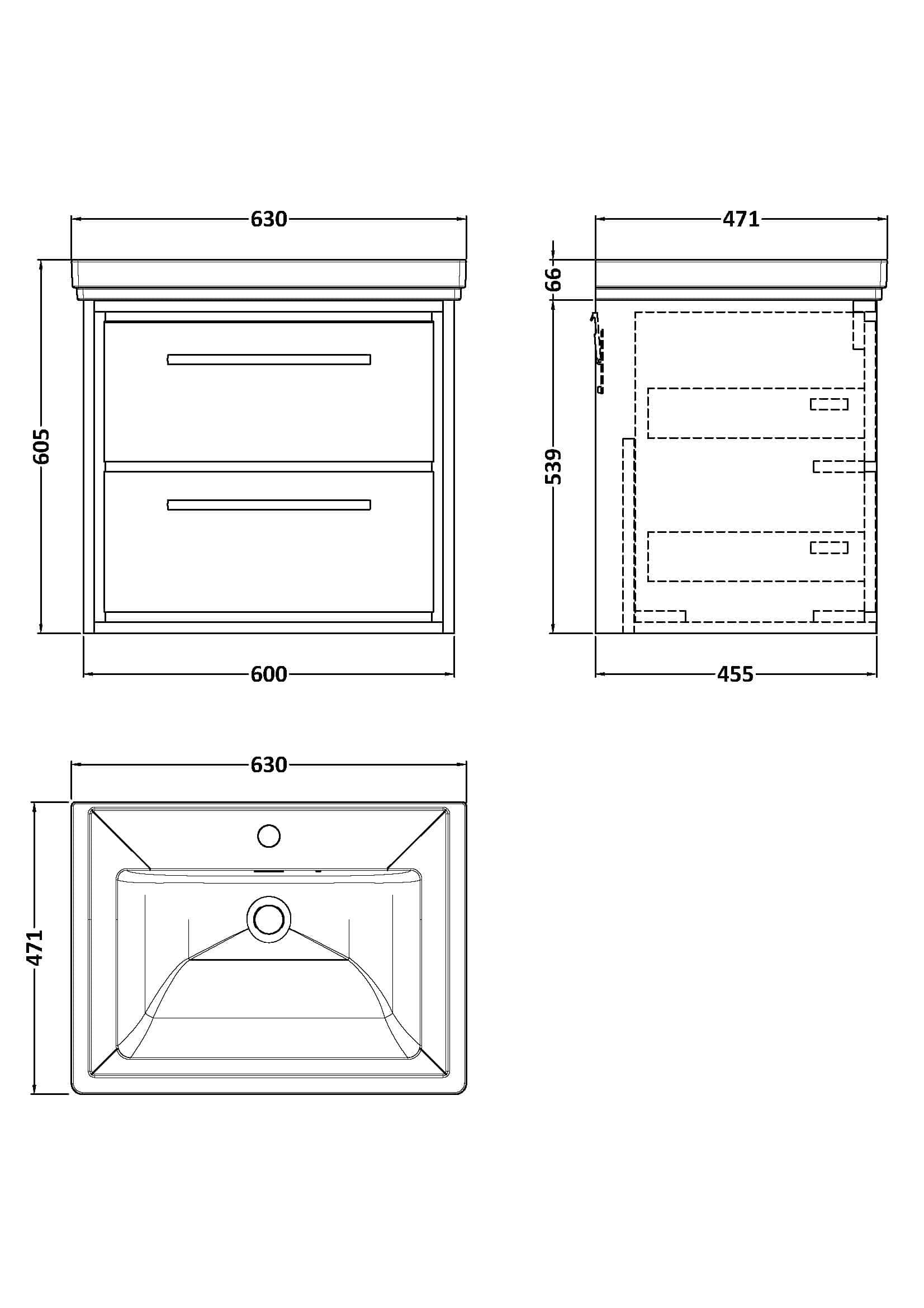 Polished bathroom vanity with double drawers, modern design, and measurements for bathroom renovation, ideal for sleek and functional bathroom storage solutions.