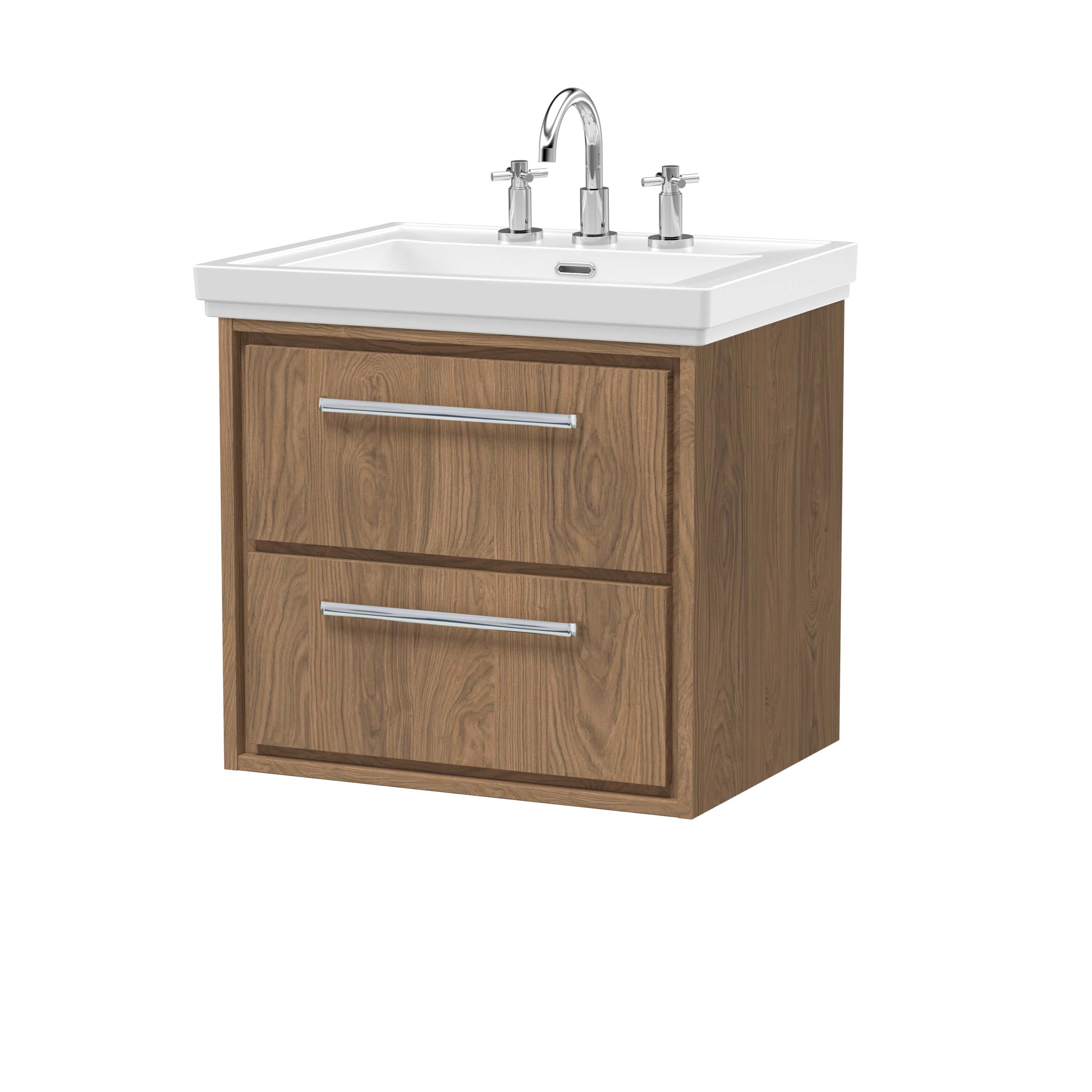 Polished wooden bathroom vanity unit with white ceramic sink and chrome taps, ideal for modern bathroom designs. Durable storage drawers with sleek handles for practical organisation.