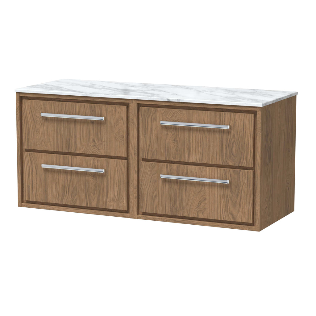 Contemporary wooden bathroom vanity unit with four large drawers, chrome handles, and a white marble-effect top for modern bathroom storage solutions.