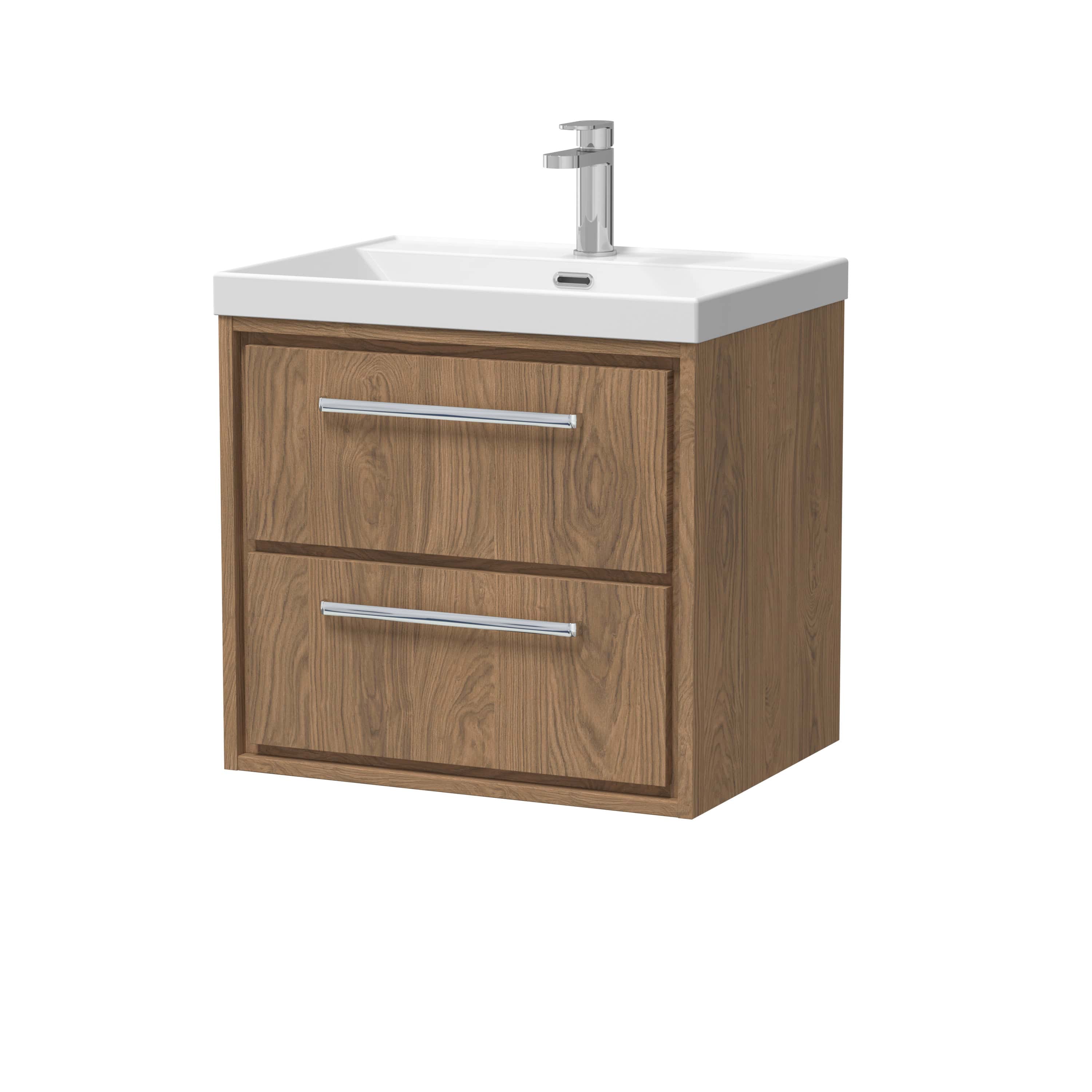 Wooden bathroom vanity unit with a white ceramic sink and chrome taps, ideal for modern bathroom decor. Features two spacious drawers with sleek metal handles for storage and organisation.