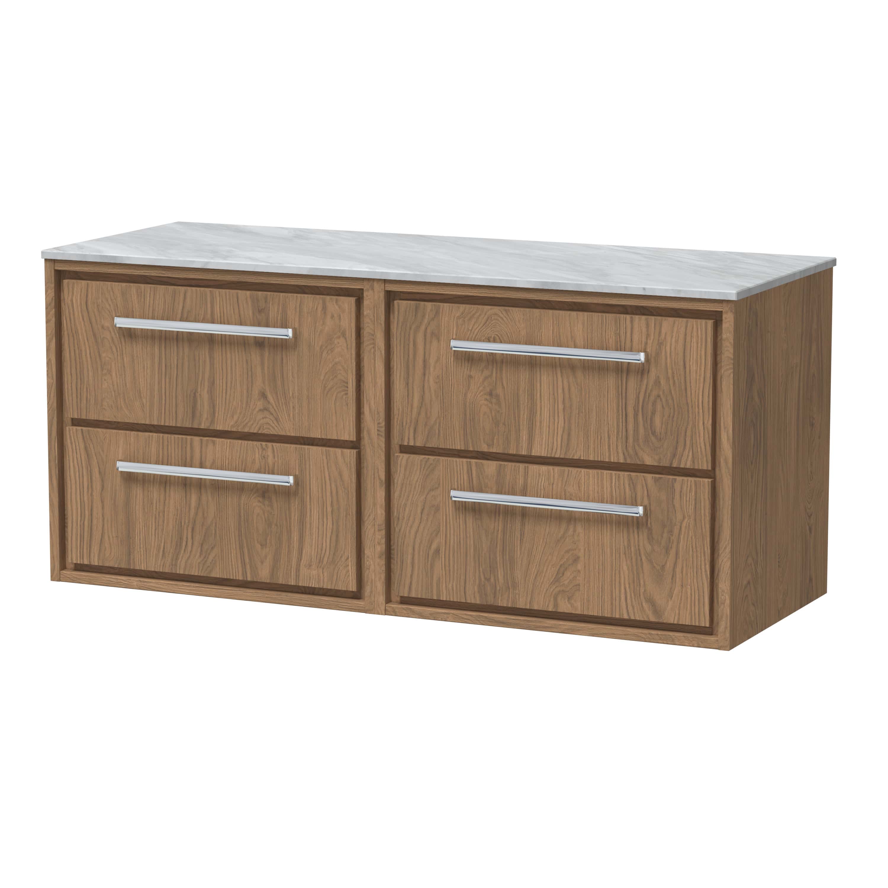 Wooden bathroom vanity unit with marble top, modern storage drawers, and sleek silver handles, ideal for contemporary bathrooms.