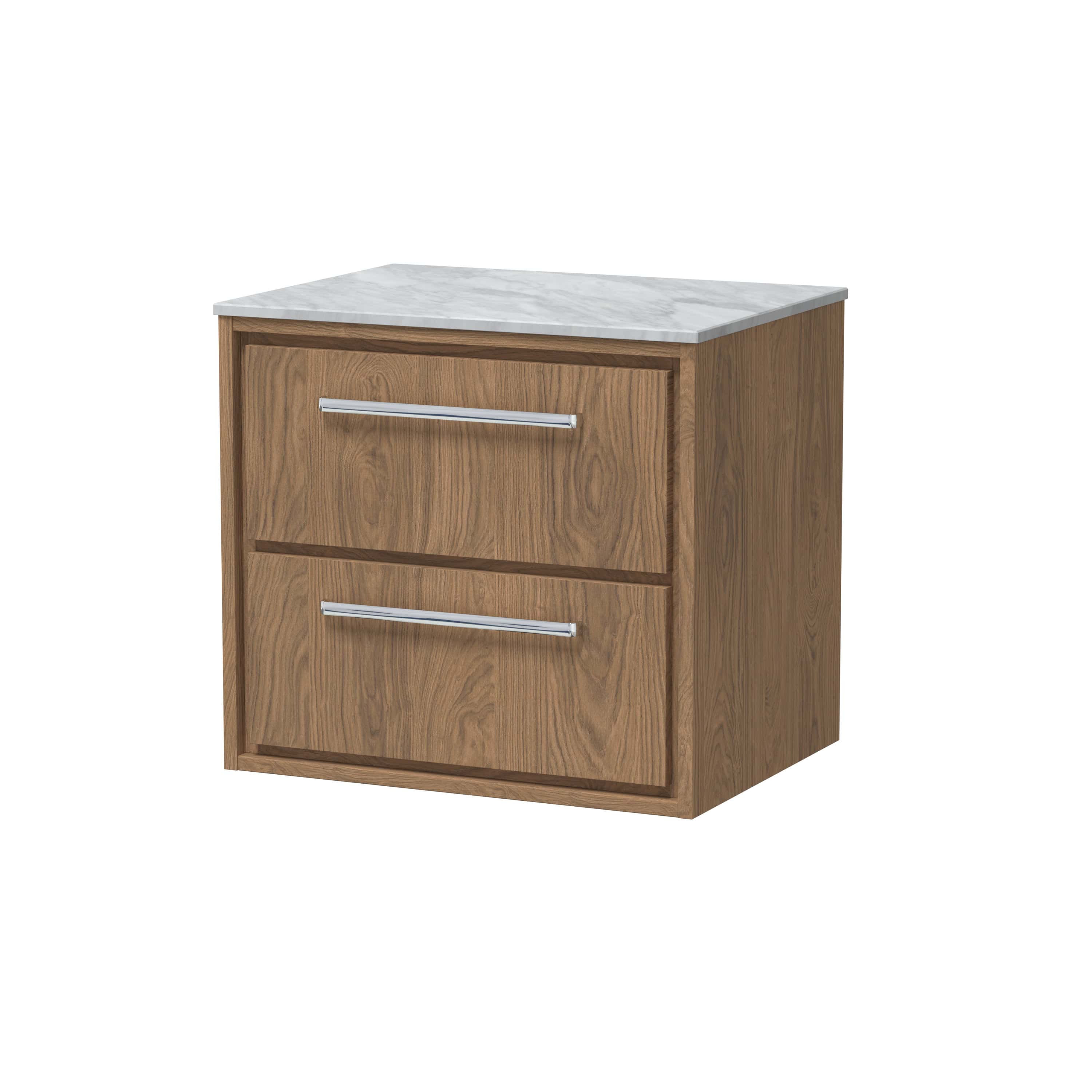 Modern wooden bathroom vanity with marble top and sleek chrome handles, offering stylish storage for bathroom essentials. Perfect for contemporary bathroom designs.