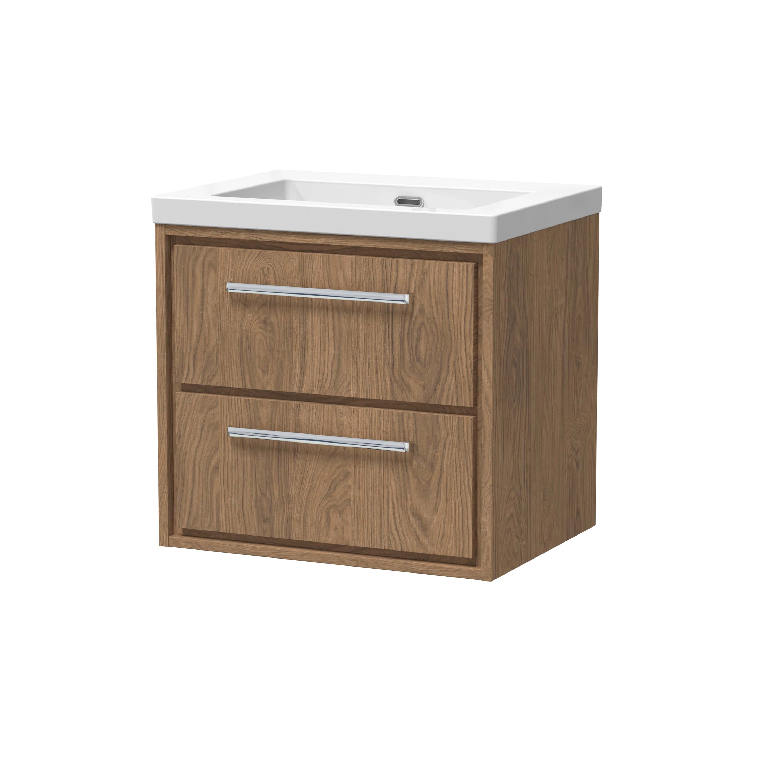 Modern wooden bathroom vanity with integrated ceramic sink and storage drawers, stylish chrome handles, ideal for contemporary bathroom designs.
