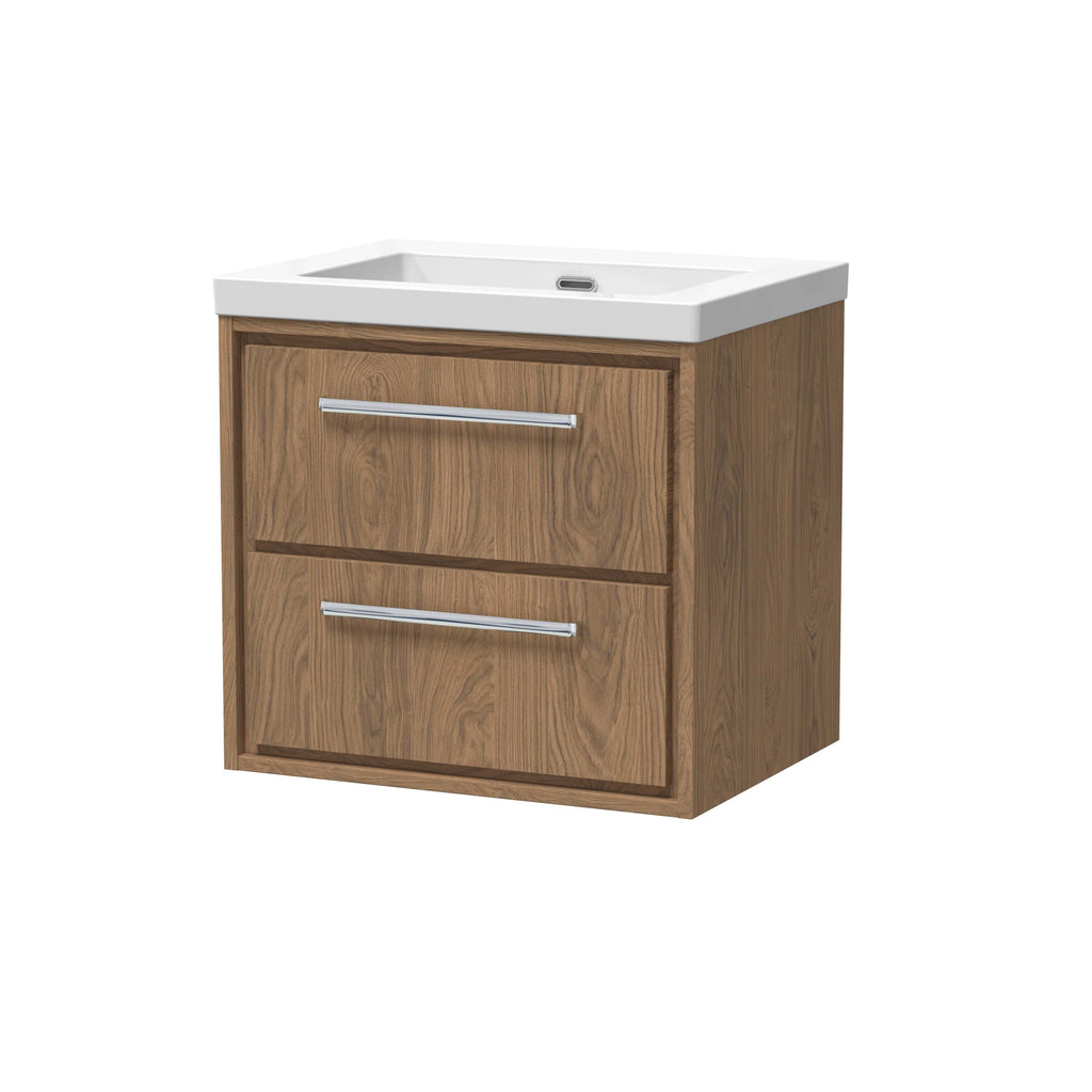 Modern wooden bathroom vanity with integrated ceramic sink and storage drawers, stylish chrome handles, ideal for contemporary bathroom designs.