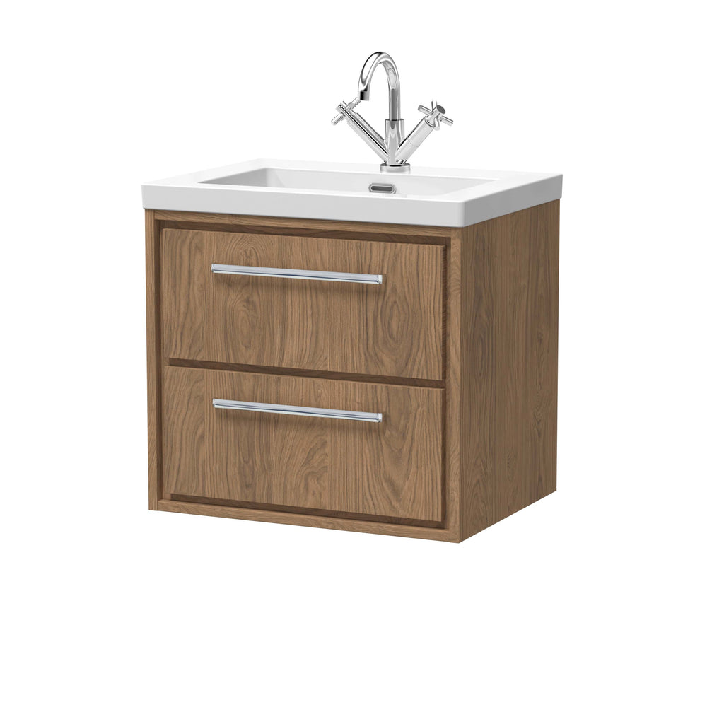 Modern bathroom sink vanity cabinet with wood finish and ceramic top, featuring sleek silver handles and chrome faucet for contemporary bathroom design.