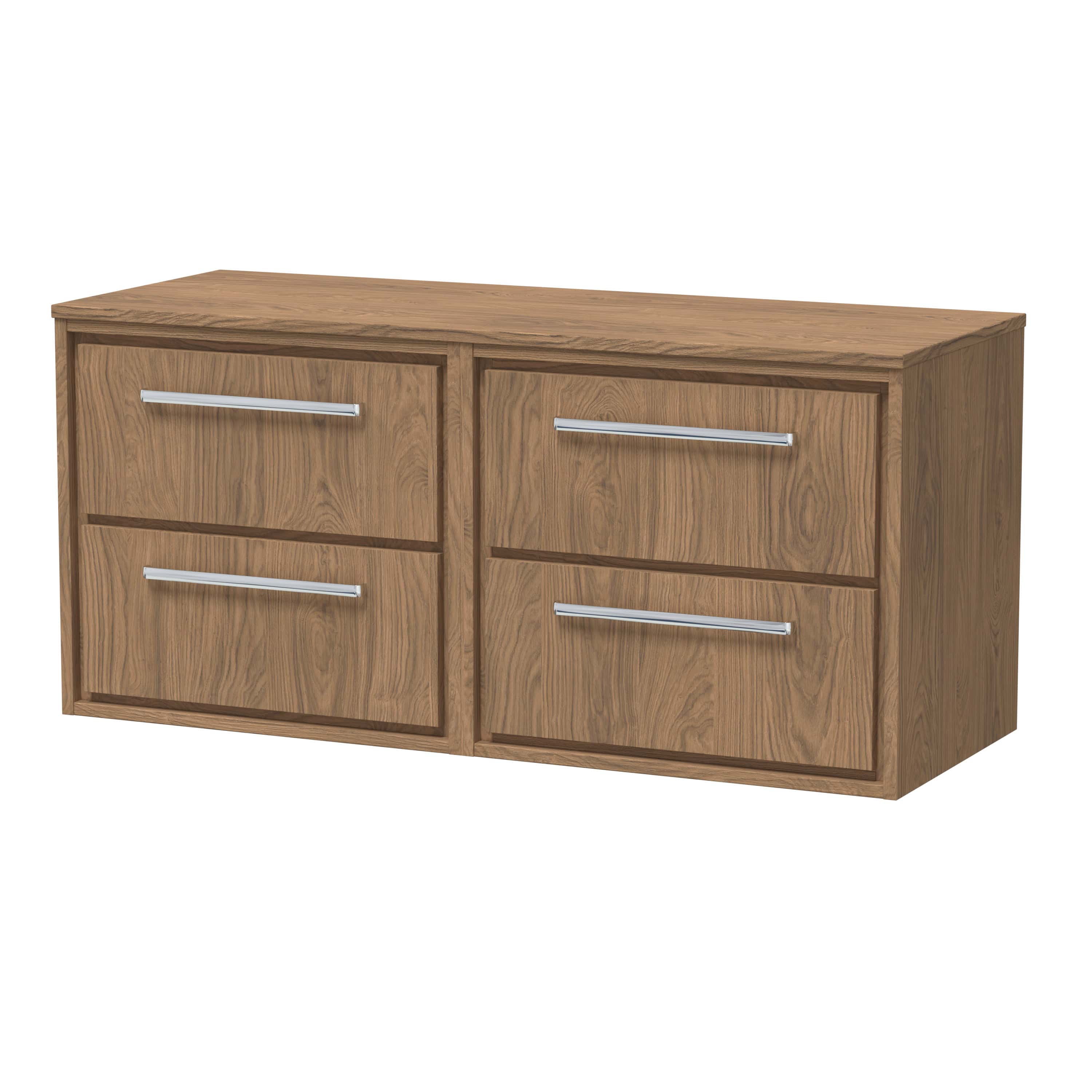 Solid oak bathroom vanity unit with four drawers and sleek metal handles, ideal for modern bathroom storage and organisation. Perfect for enhancing bathroom decor with natural wood finish.