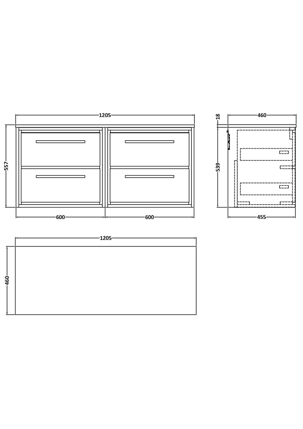 Stylish double bathroom vanity unit with ample storage, measuring 1205mm wide, 557mm high, ideal for modern bathrooms for organising toiletries and essentials.