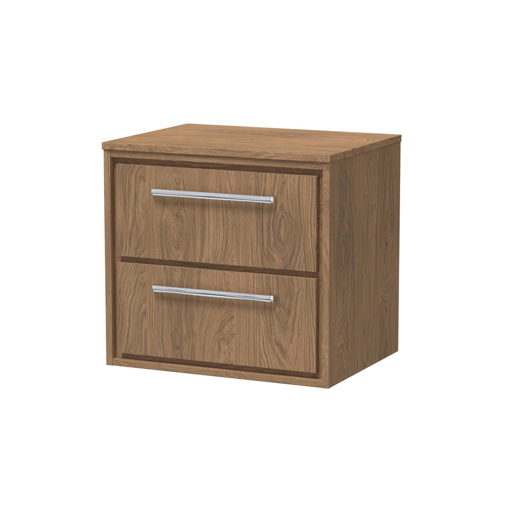 Polished wooden bathroom bedside cabinet with double drawers and modern metal handles, ideal for bathroom storage and organisation.