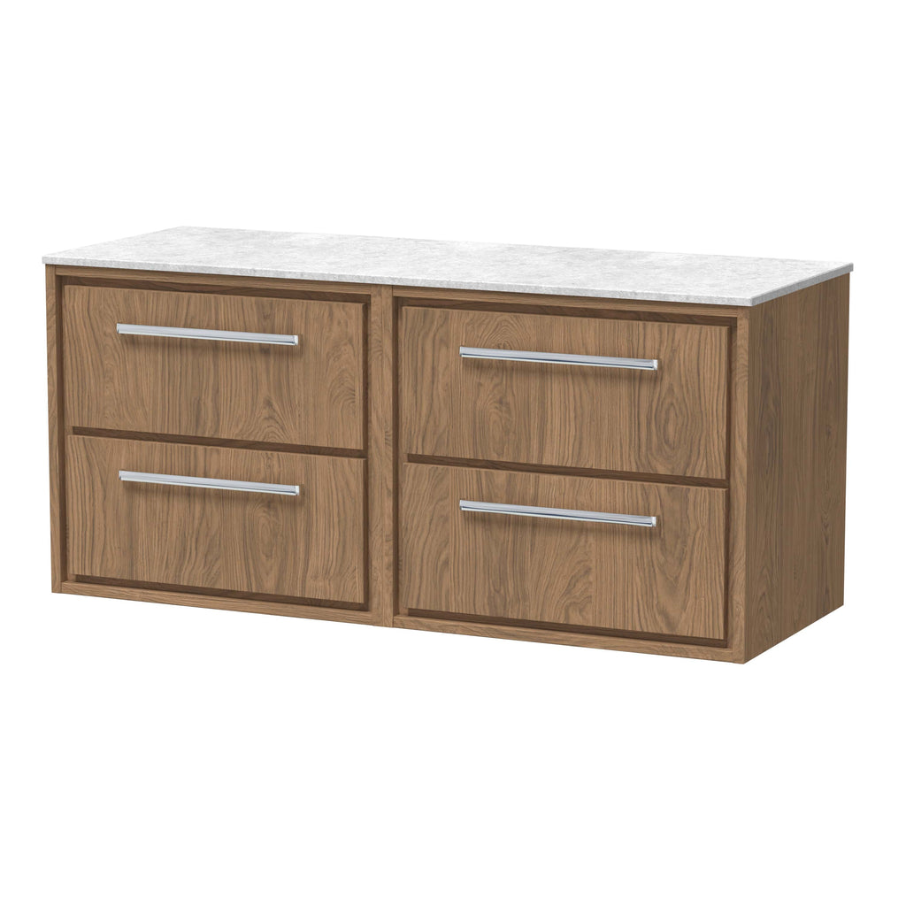 Polished wooden bathroom vanity unit with four drawers and a marble-effect countertop, ideal for modern bathroom storage solutions.