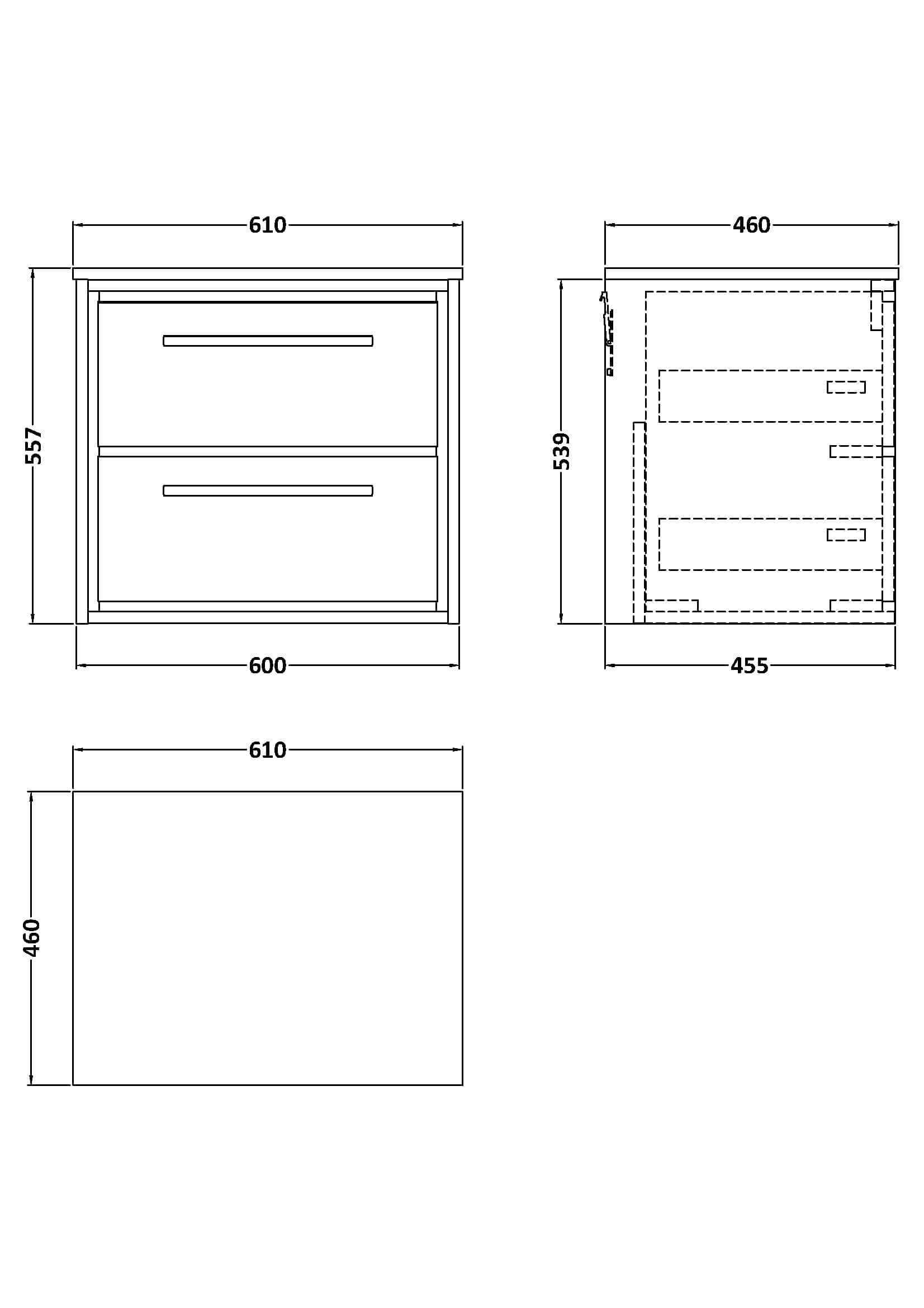 Modern double-drawer bathroom vanity unit with sleek design, measuring 600mm wide by 557mm tall, ideal for contemporary bathroom storage solutions.
