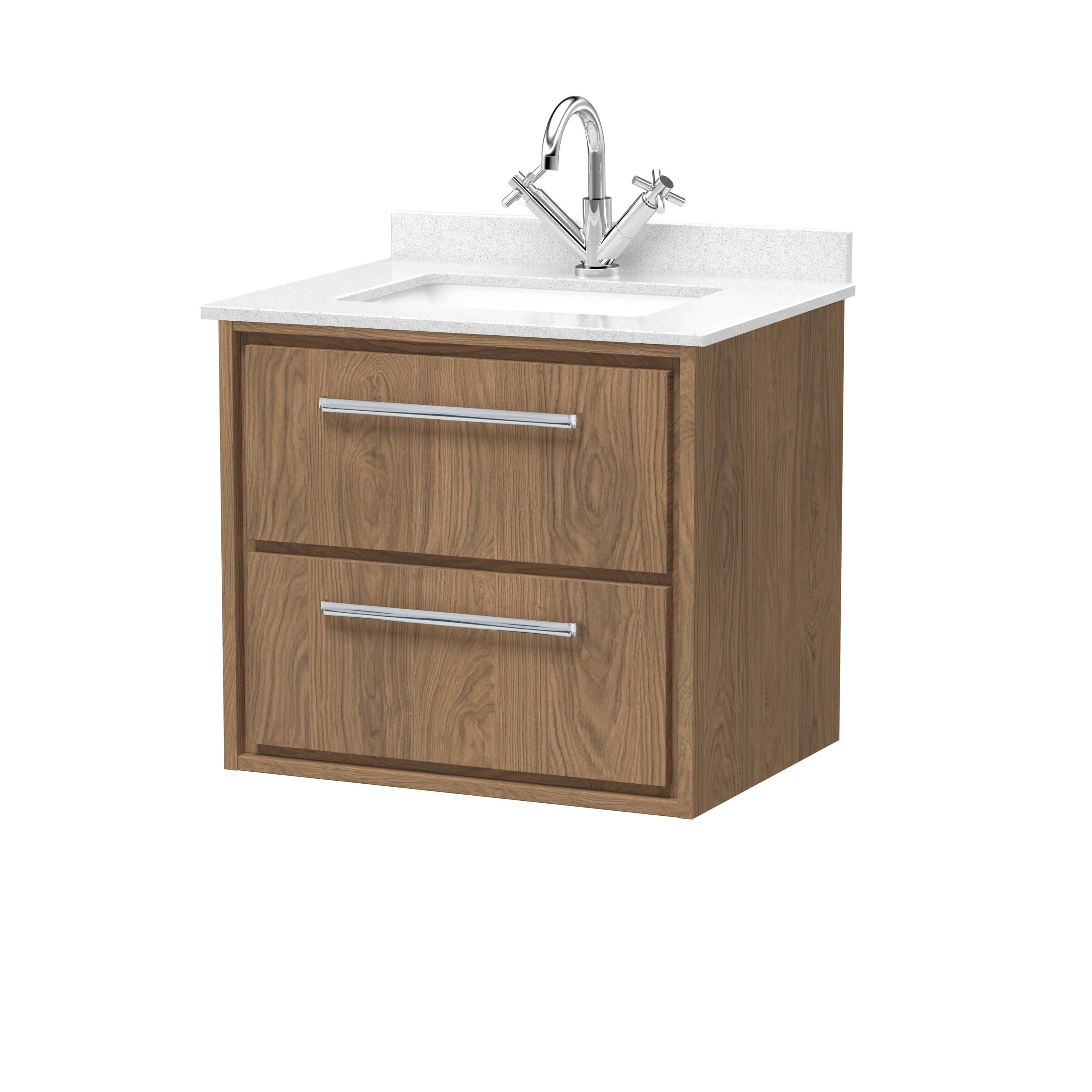 Rustic wooden bathroom vanity with white countertop and integrated sink, featuring modern chrome handles and a stylish mixer tap. Perfect for contemporary bathroom upgrades and storage solutions.