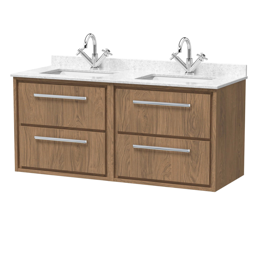 Double bathroom vanity unit with two modern sinks and wooden cabinetry, ideal for contemporary bathroom spaces. Sturdy construction, chrome handles, and elegant white countertops enhance bathroom functionality.