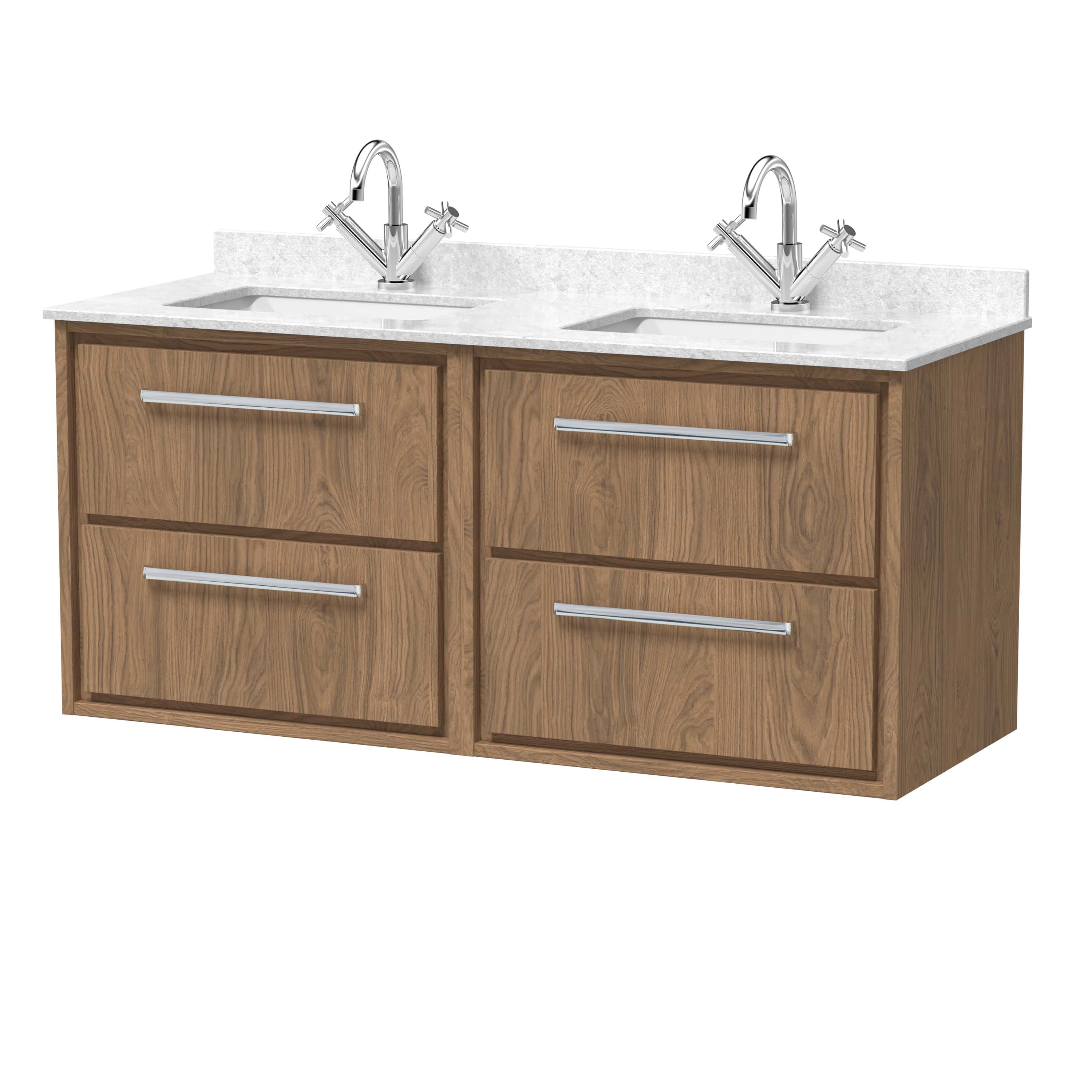 Double bathroom vanity unit with two modern sinks and wooden cabinetry, ideal for contemporary bathroom spaces. Sturdy construction, chrome handles, and elegant white countertops enhance bathroom functionality.