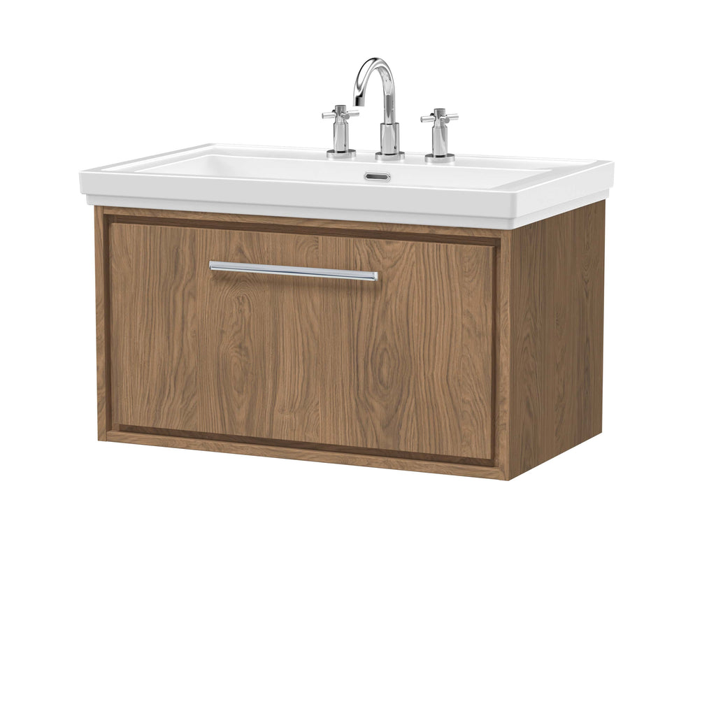 Light wood bathroom vanity unit with a white ceramic sink and chrome taps, perfect for modern bathroom decor. Featuring storage cabinet and sleek design for efficient bathroom organisation.