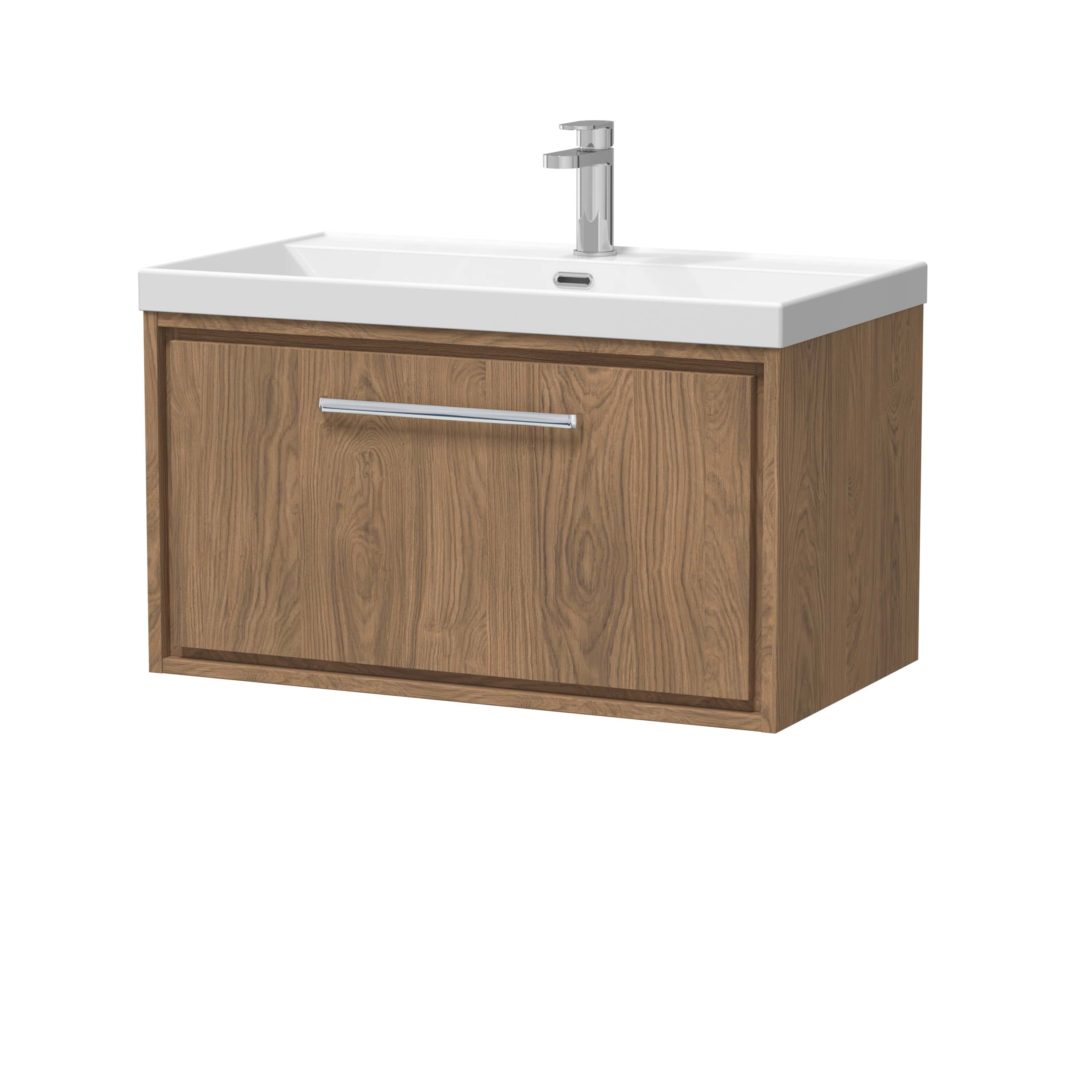 Stylish bathroom vanity with integrated sink and modern chrome faucet featuring natural oak wood finish, perfect for contemporary bathrooms seeking a functional and aesthetic fixture.