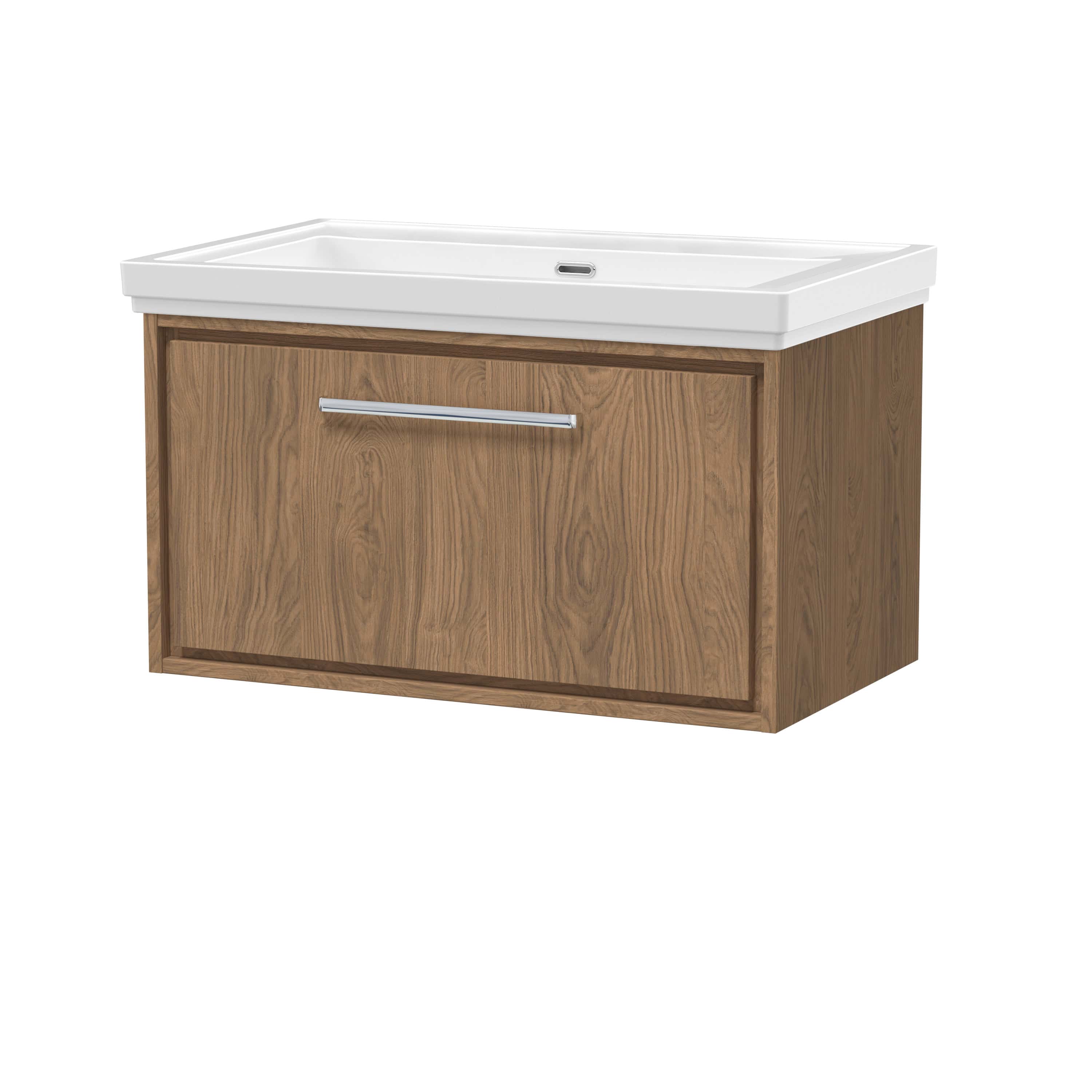 Natural wood bathroom vanity with integrated white ceramic sink, modern sleek handle, ideal for contemporary bathroom designs. Suitable for storage and space optimisation in bathrooms.