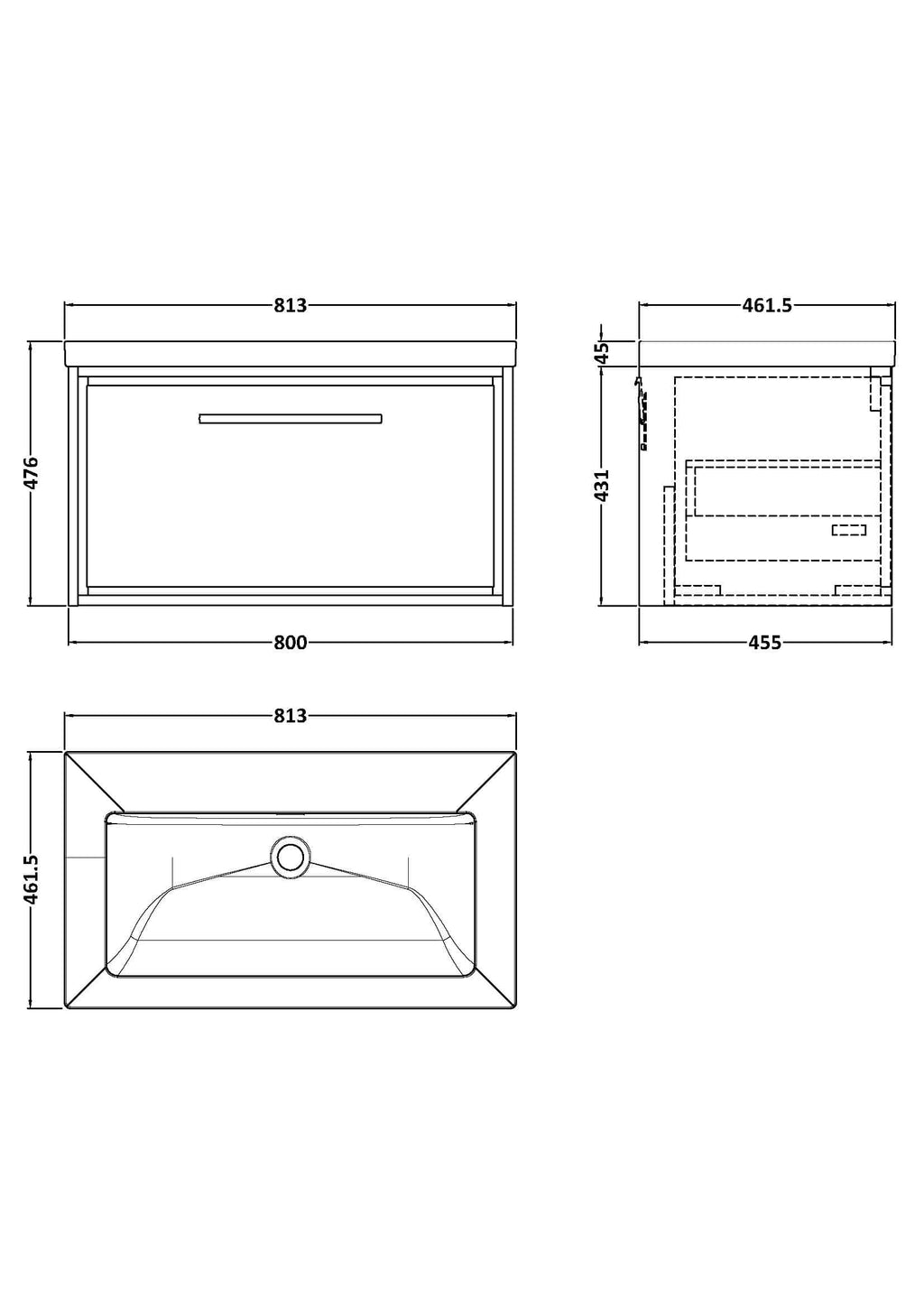 Sleek white bathroom vanity with integrated basin, modern design, and storage drawer, ideal for contemporary bathrooms, featuring precise dimensions for optimal space utilisation.