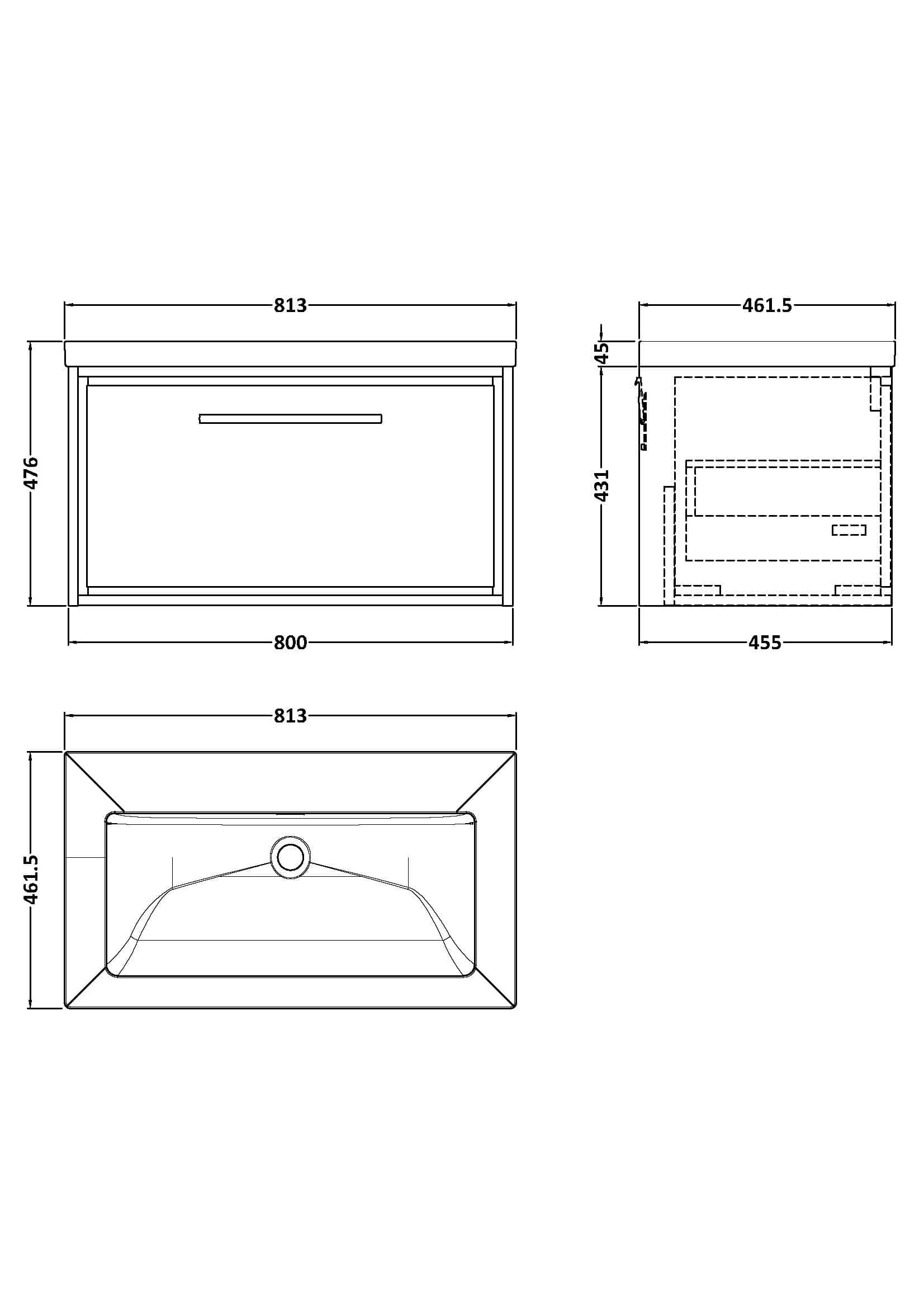 Sleek white bathroom vanity with integrated basin, modern design, and storage drawer, ideal for contemporary bathrooms, featuring precise dimensions for optimal space utilisation.