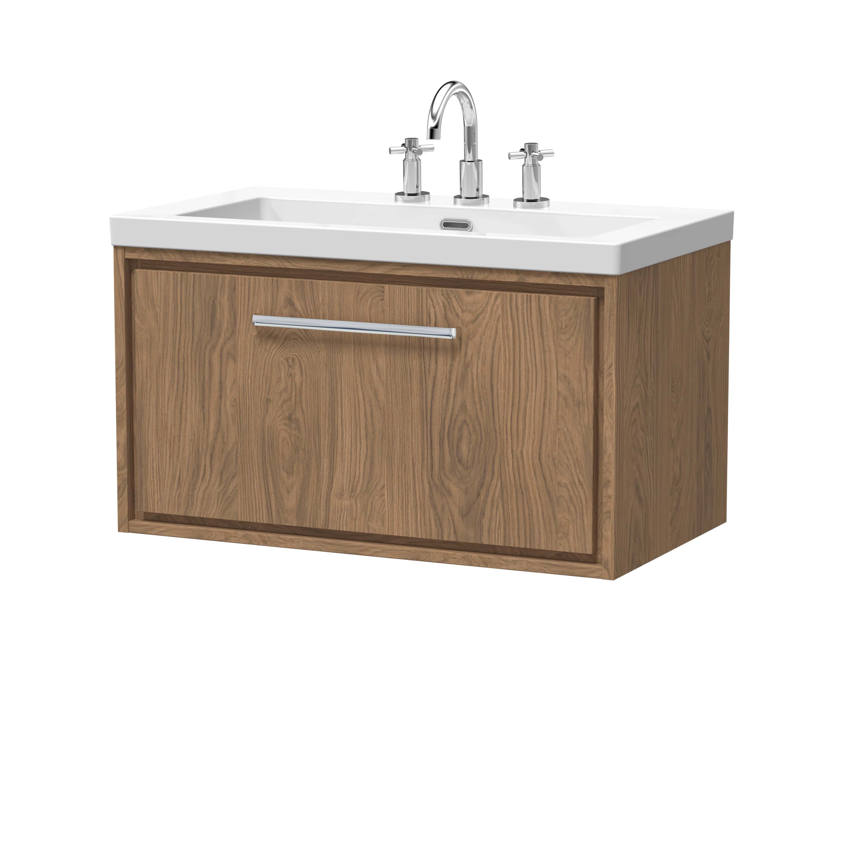 Modern wooden bathroom vanity with a white ceramic sink and chrome taps, ideal for contemporary Bublly bathrooms and bathroom remodels.