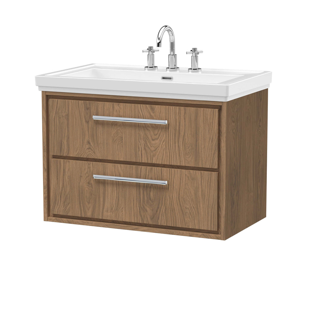 Modern bathroom vanity with wooden cabinet and white ceramic sink, featuring chrome handles and faucet, ideal for contemporary bathroom design.