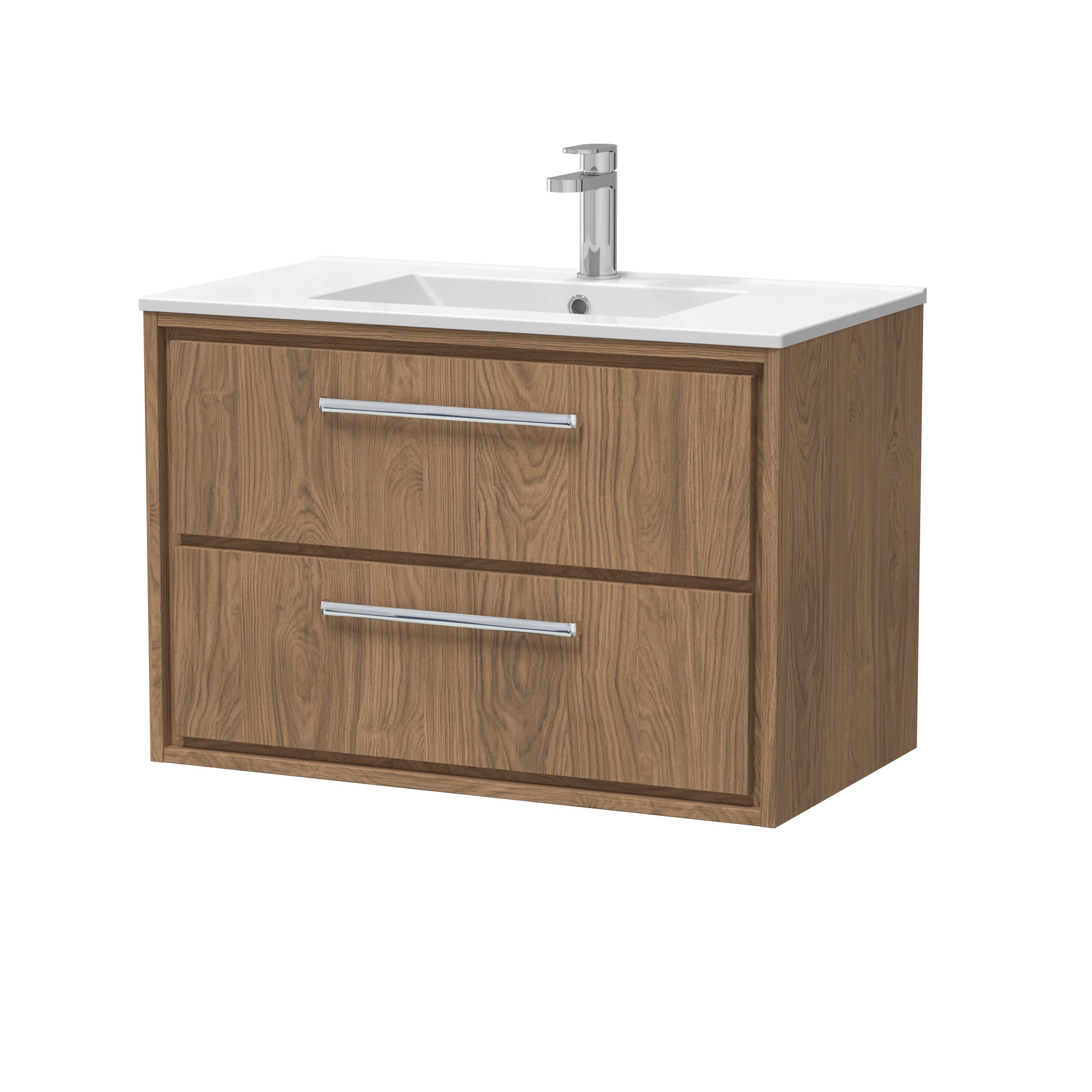Modern wooden bathroom vanity with a white ceramic sink and chrome faucet, ideal for contemporary bathroom designs. Durable finish and ample storage with two drawers for organised essentials.