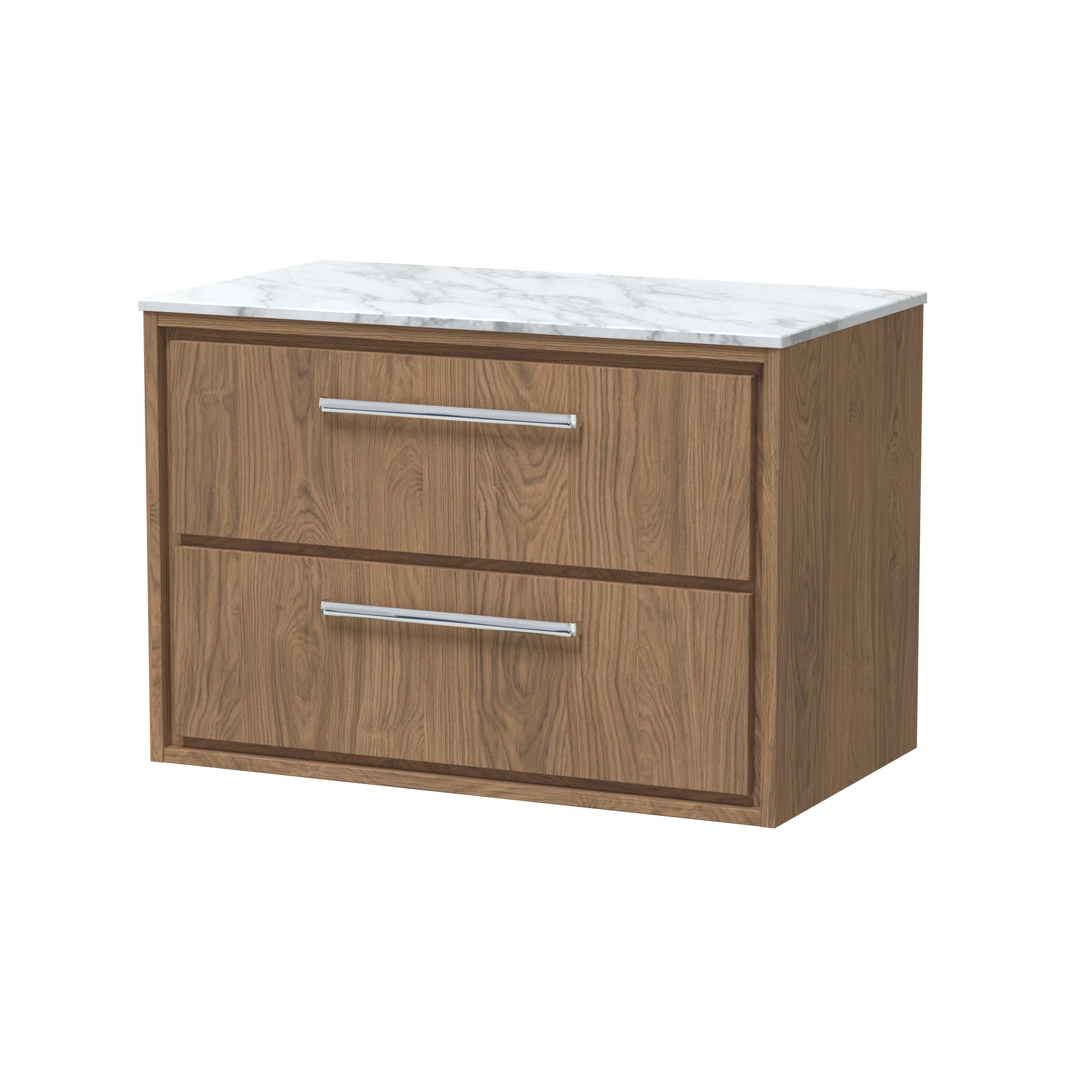 Contemporary wooden bathroom vanity unit with marble top, featuring two spacious drawers with sleek metallic handles, ideal for modern bathroom storage solutions.
