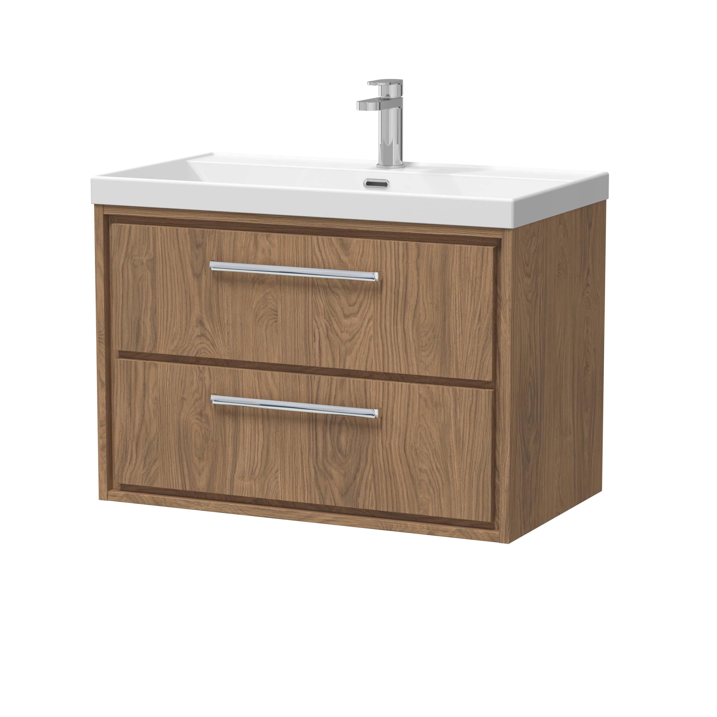Contemporary bathroom vanity unit with natural wood finish and integrated white ceramic sink, featuring modern chrome handles and a sleek chrome faucet, perfect for stylish bathroom decor.